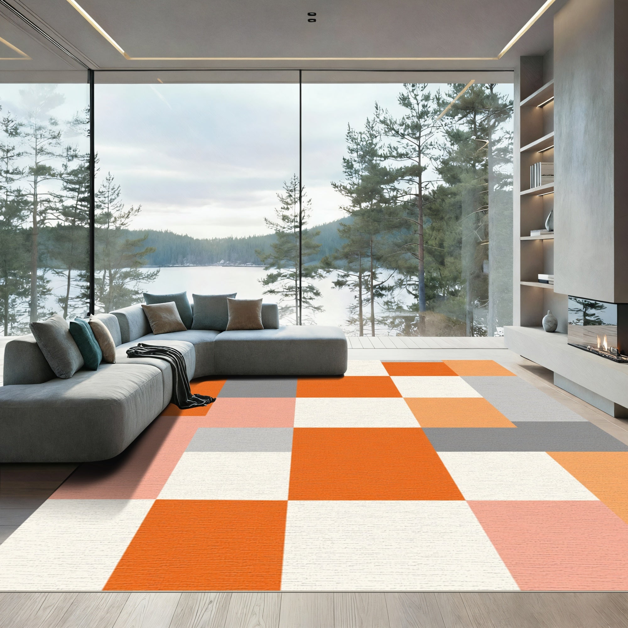 Modern Geometric Blocks Orange Cream Gray Rug