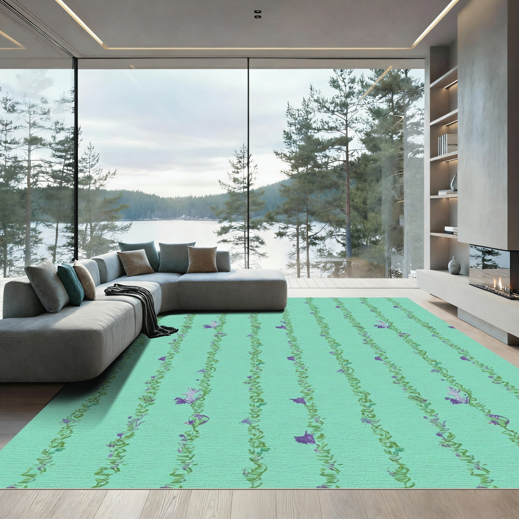 Mint Green Purple Floral Vine Runner Rug