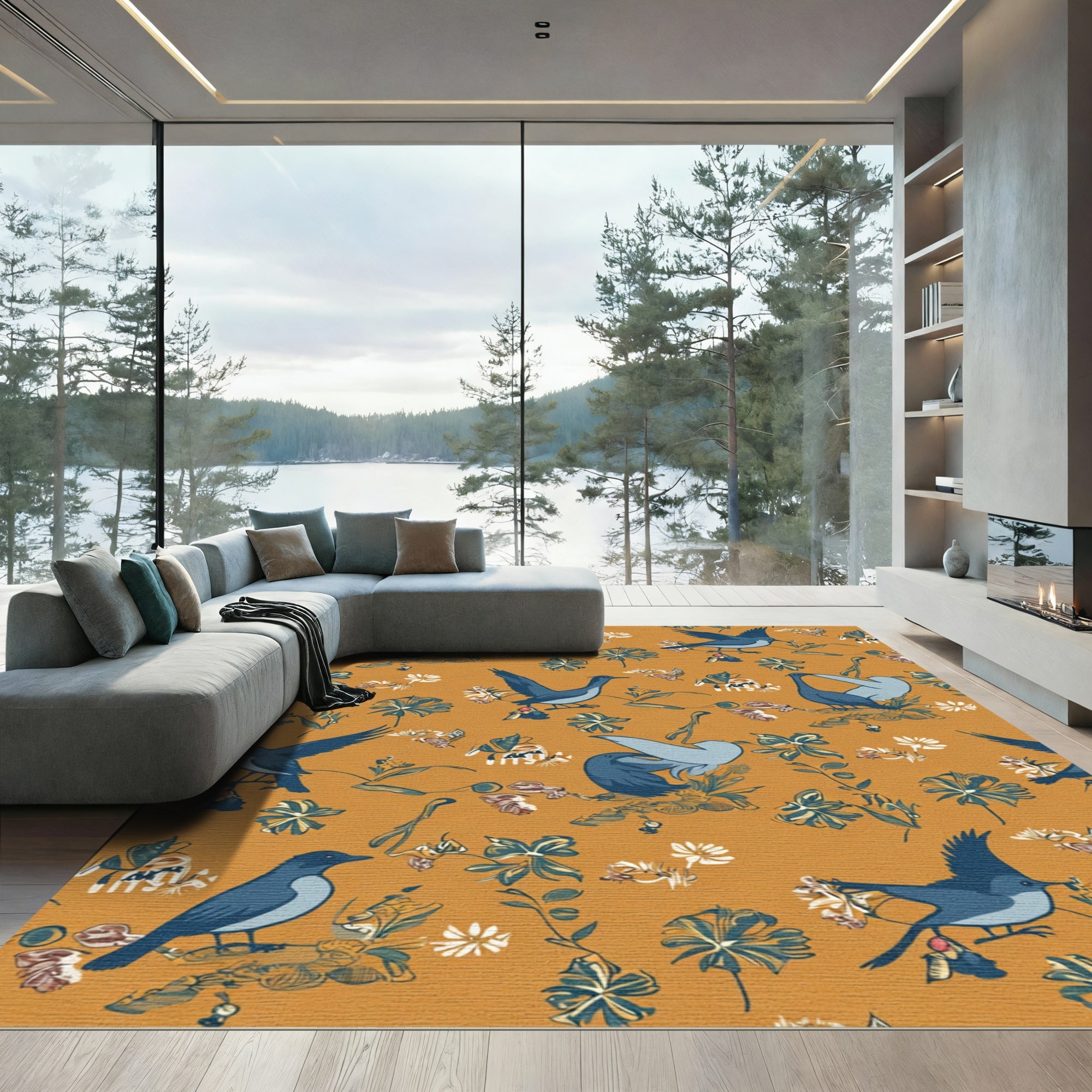 Autumn Birds Floral Whimsical Garden Rug