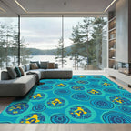 Turquoise Blue Yellow Floral Circles Rug