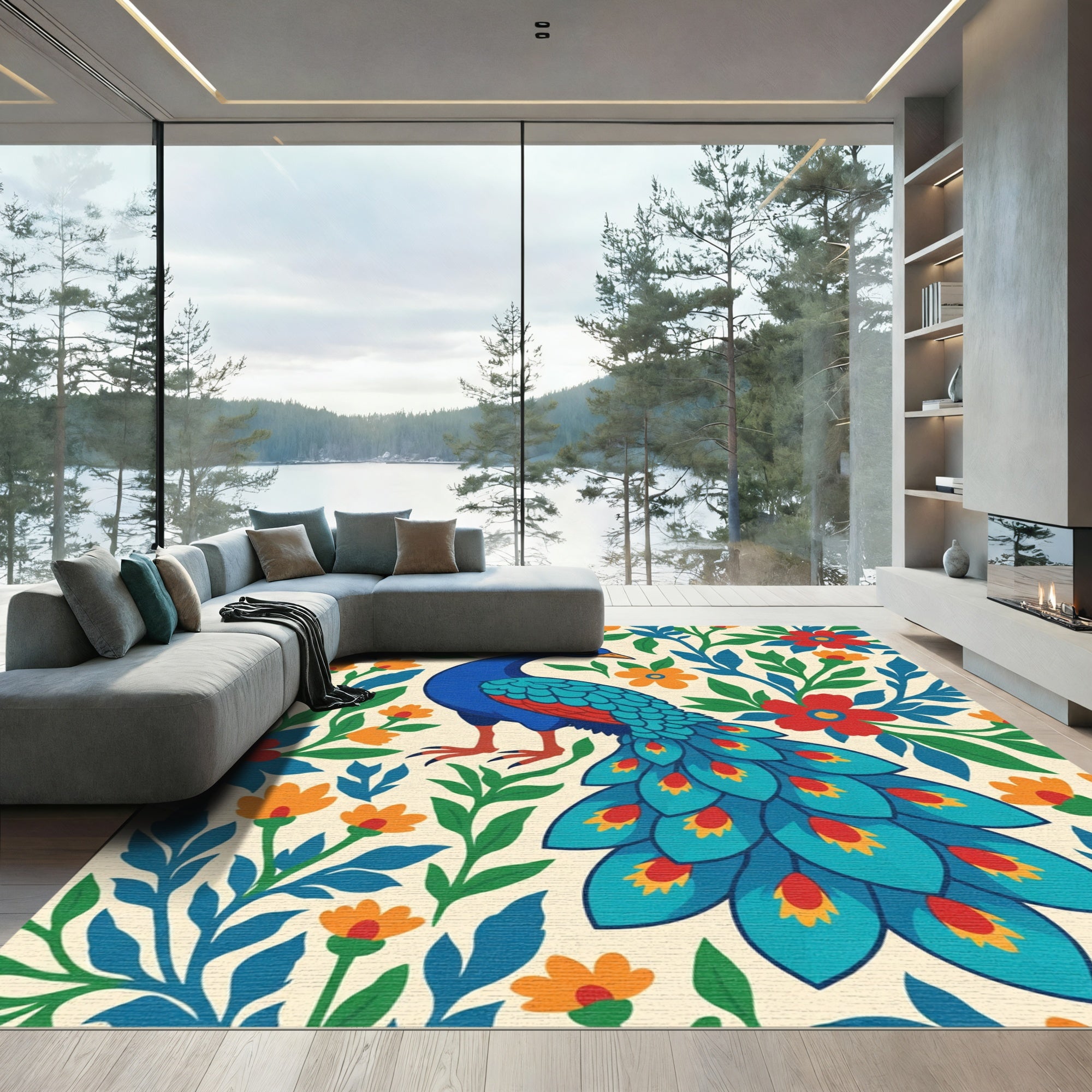 Bright Blue Peacock Floral Garden Rug