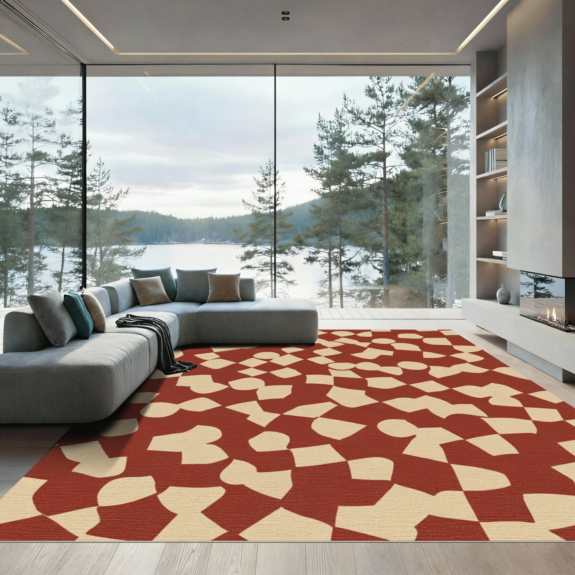 Crimson Beige Organic Checkboard Rug