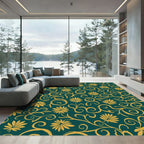 Golden Floral Swirl Teal Rug