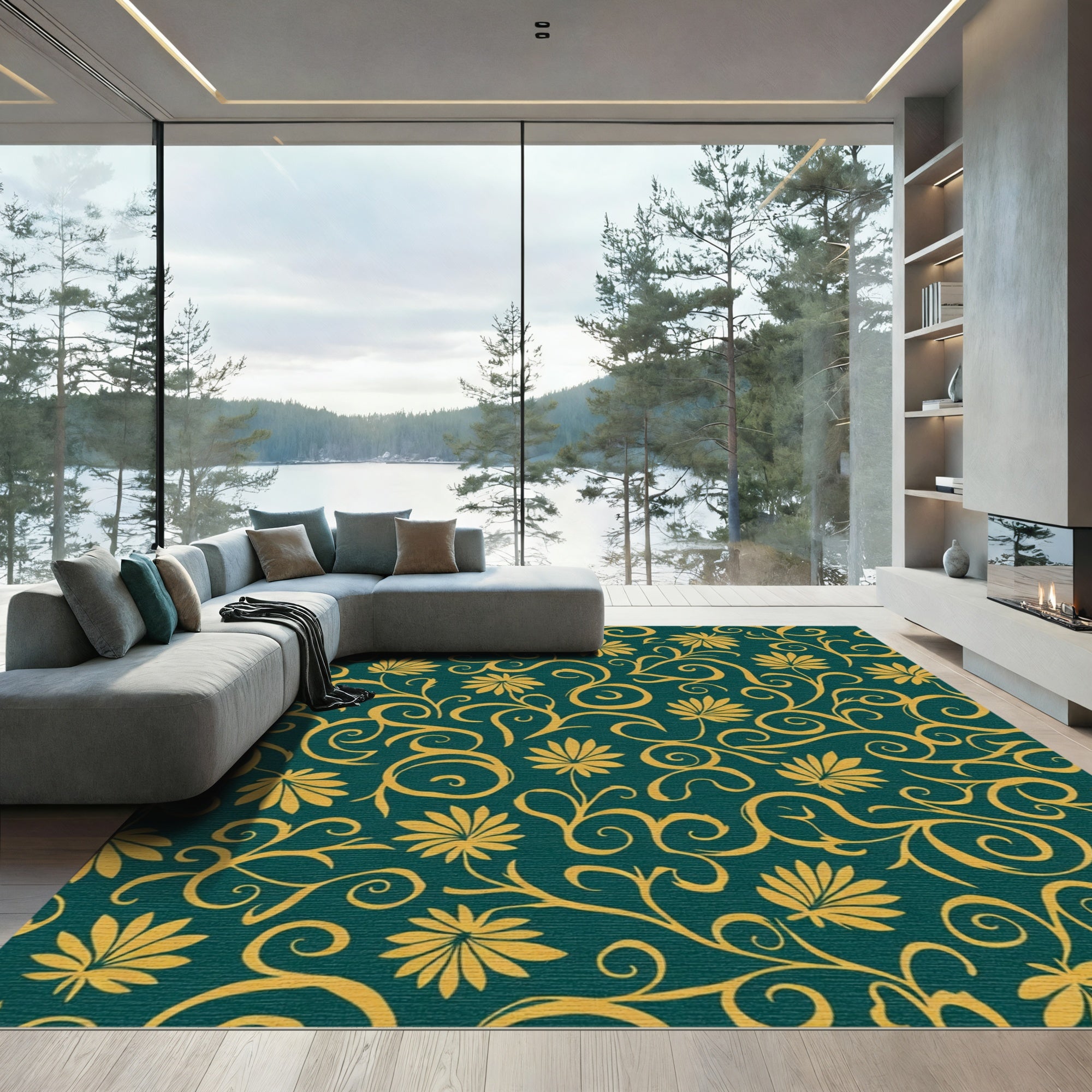 Golden Floral Swirl Teal Rug