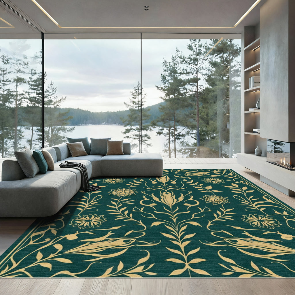 Emerald Gold Botanical Floral Arabesque Rug