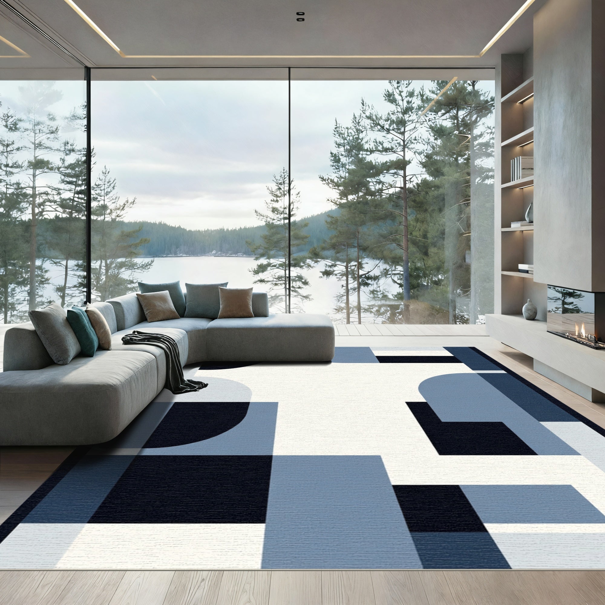 Modern Blue Geometric Block Rug