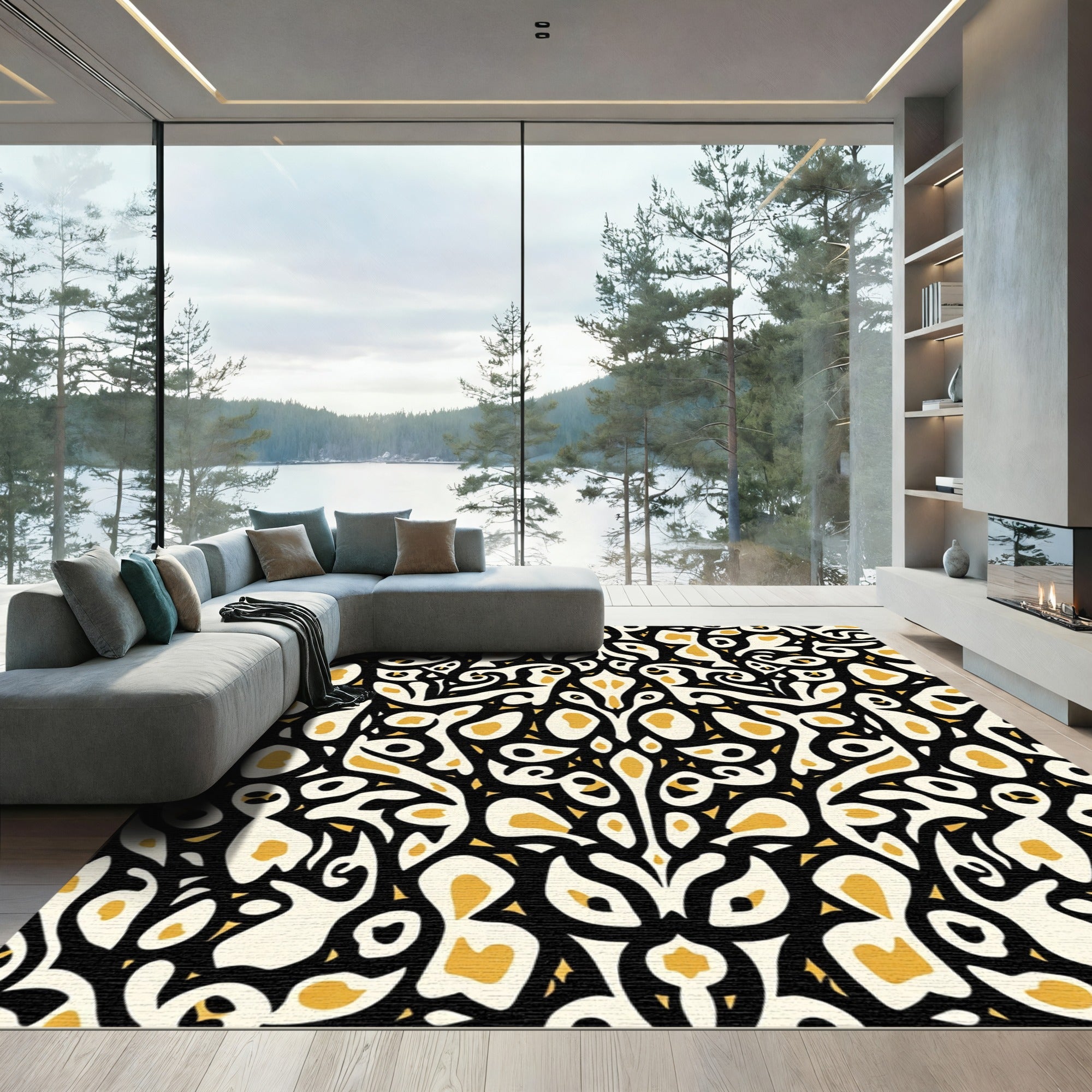 Noir Gold Abstract Whimsical Swirl Rug
