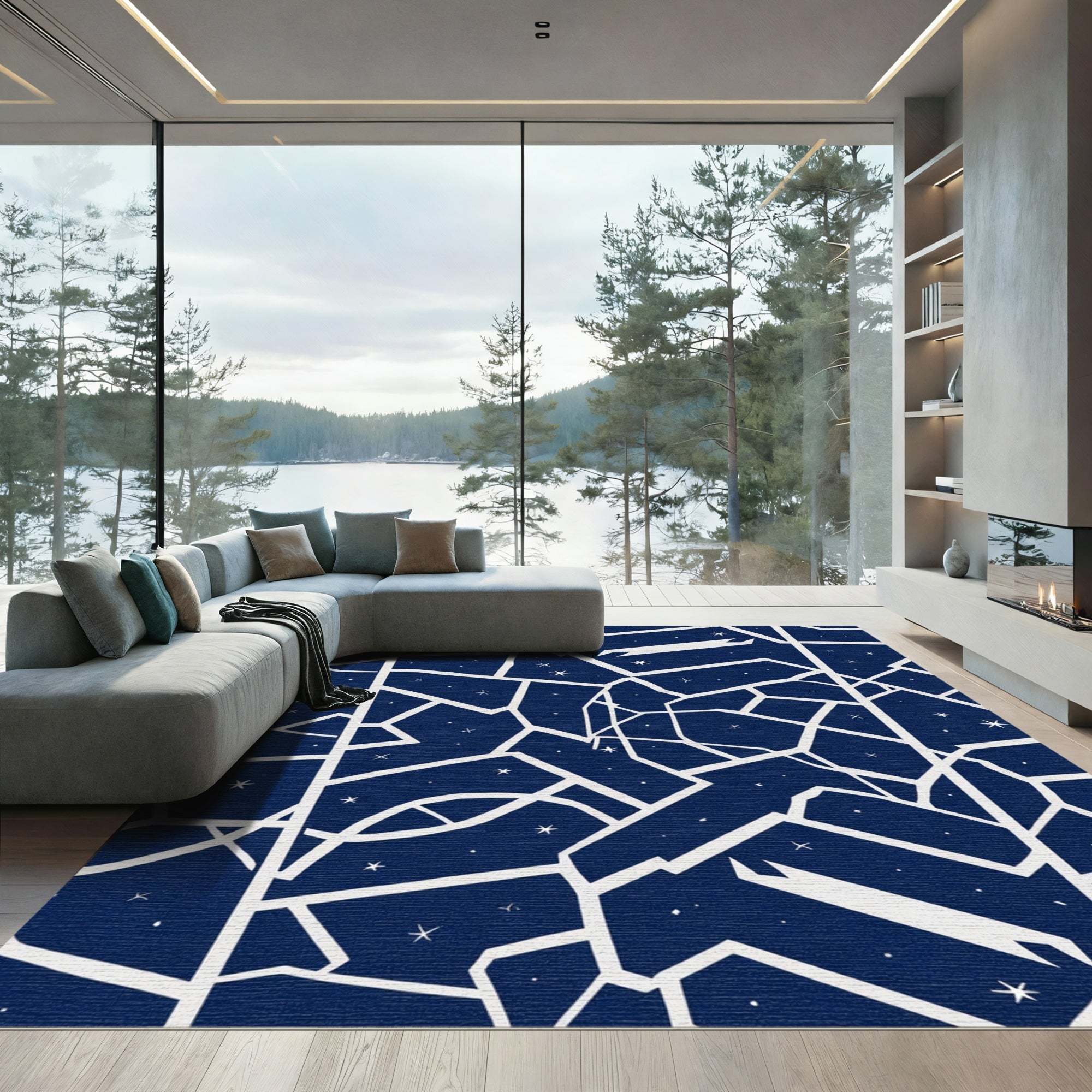 Deep Blue Constellation Geometric Abstraction Rug