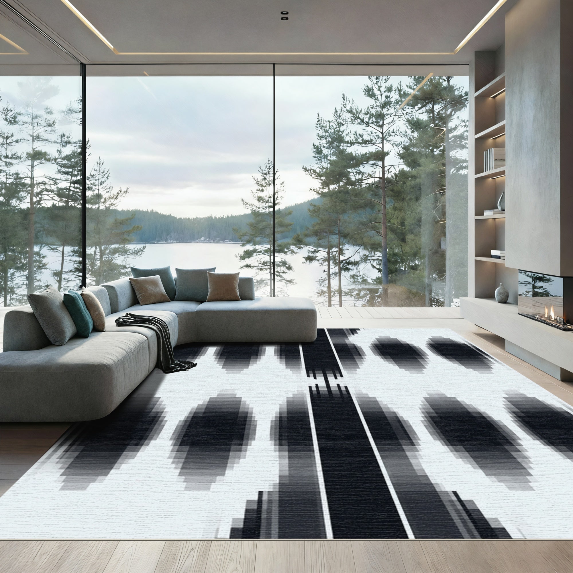Dark Blue Pixelated Ovals and Stripes Rug
