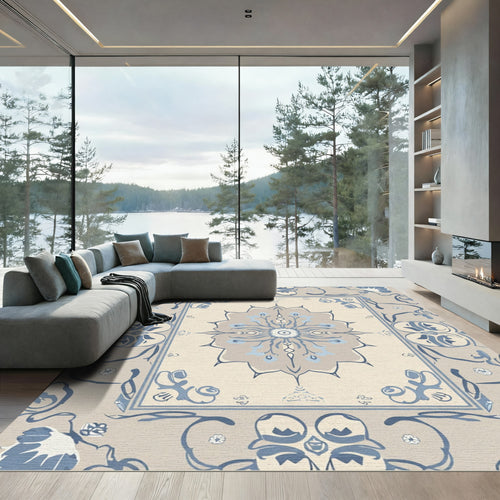 Beige Blue Floral Medallion Damask Rug