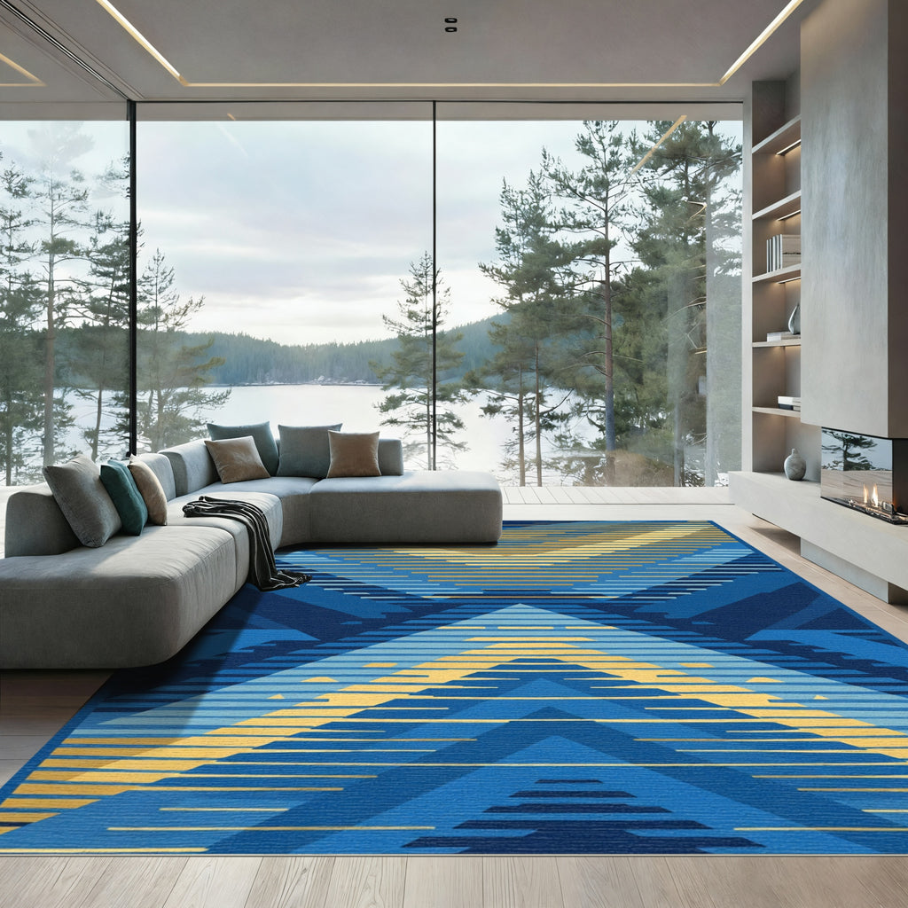 Geometric Blue Gold Chevron Rug