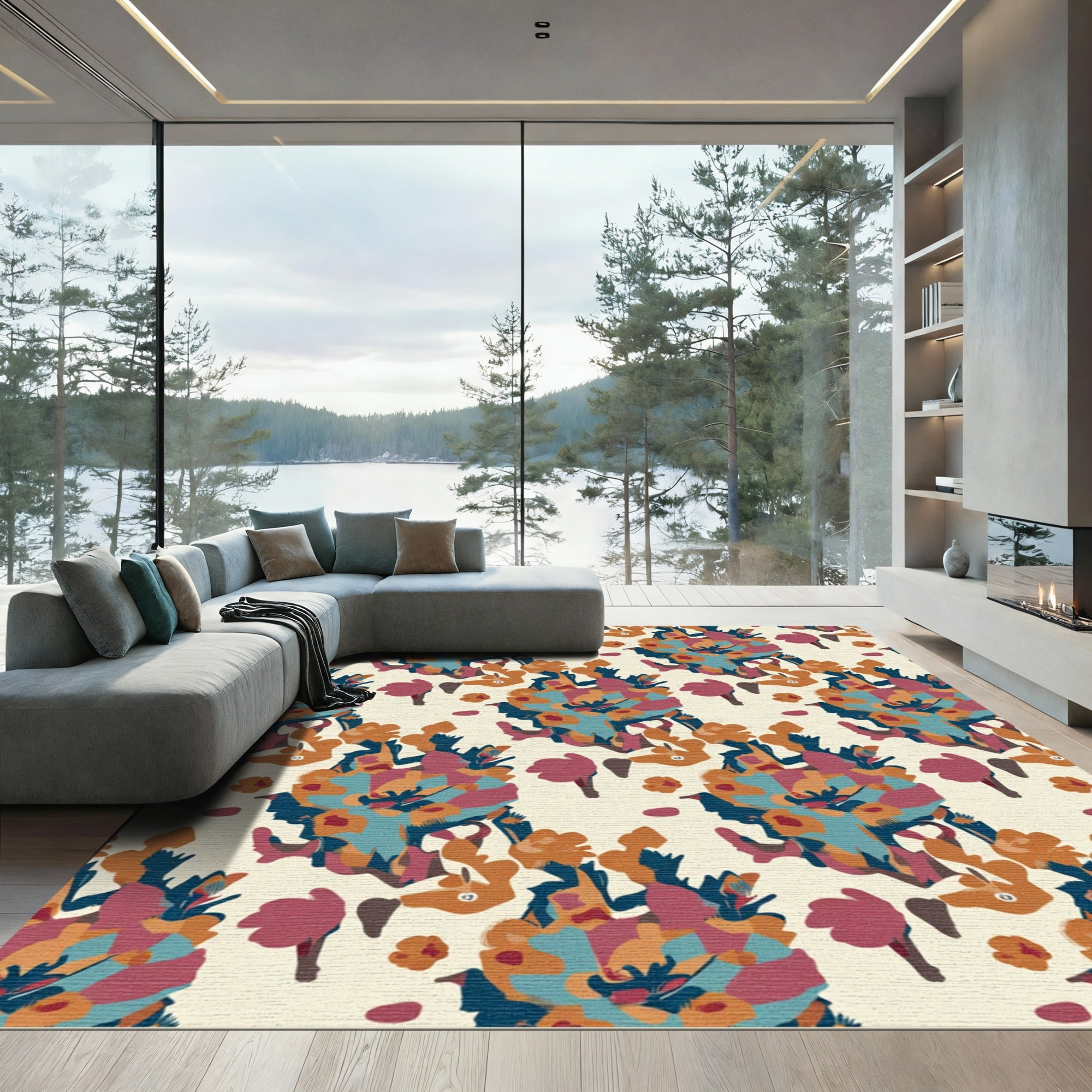 Abstract Floral Swirls Teal And Coral Rug