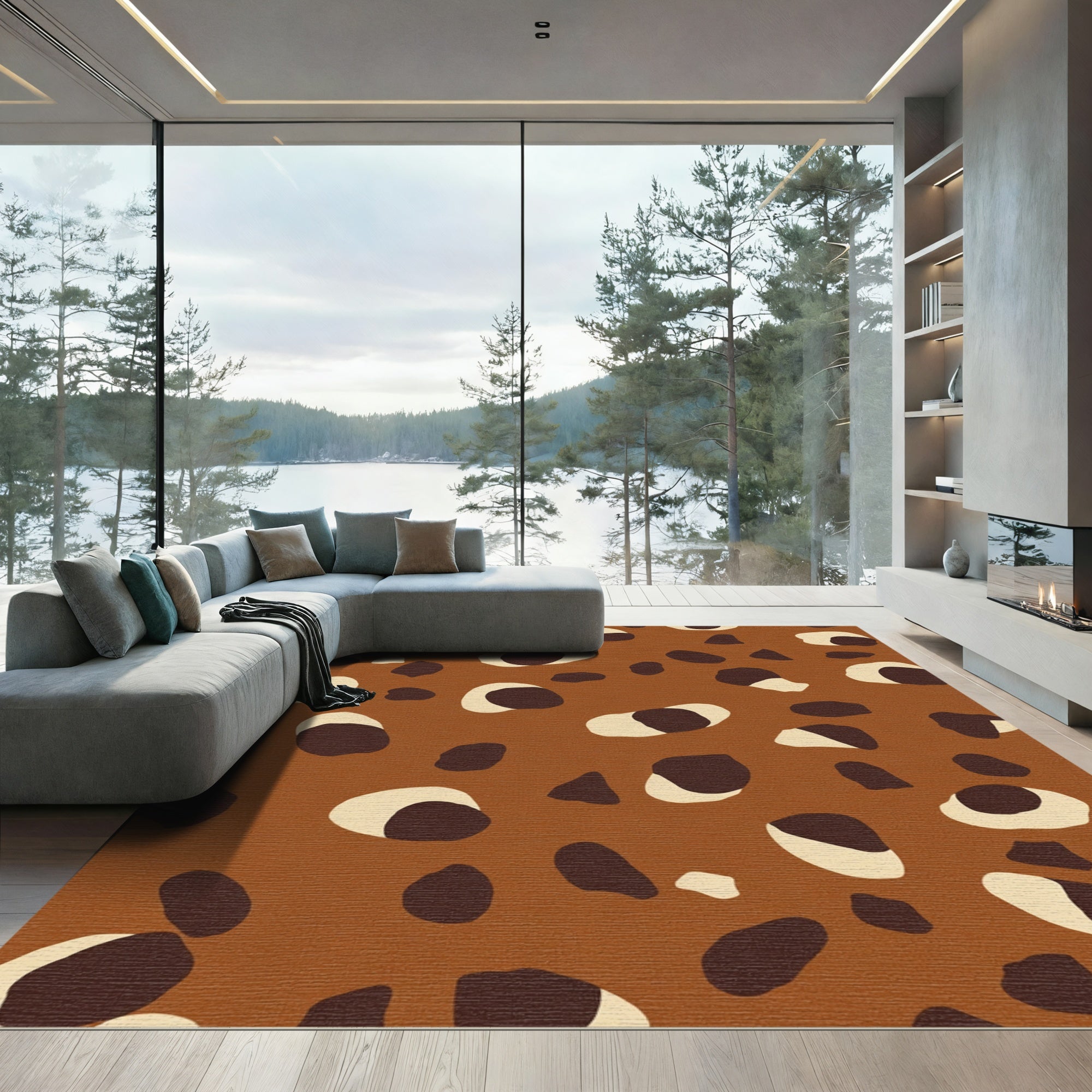 Brown Tan Abstract Irregular Spots Rug