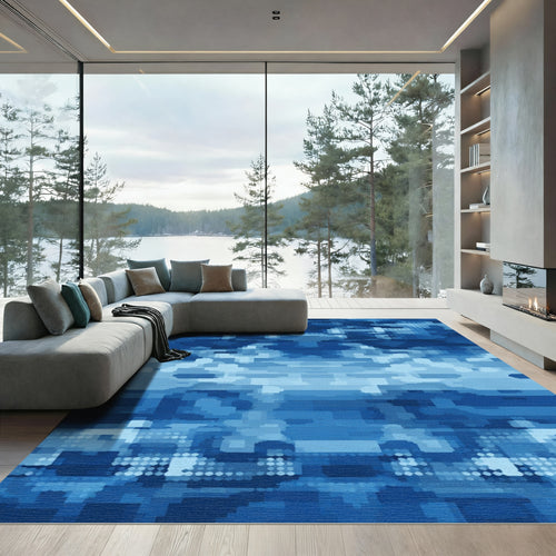 Abstract Blue Pixelated Cloudscape Rug