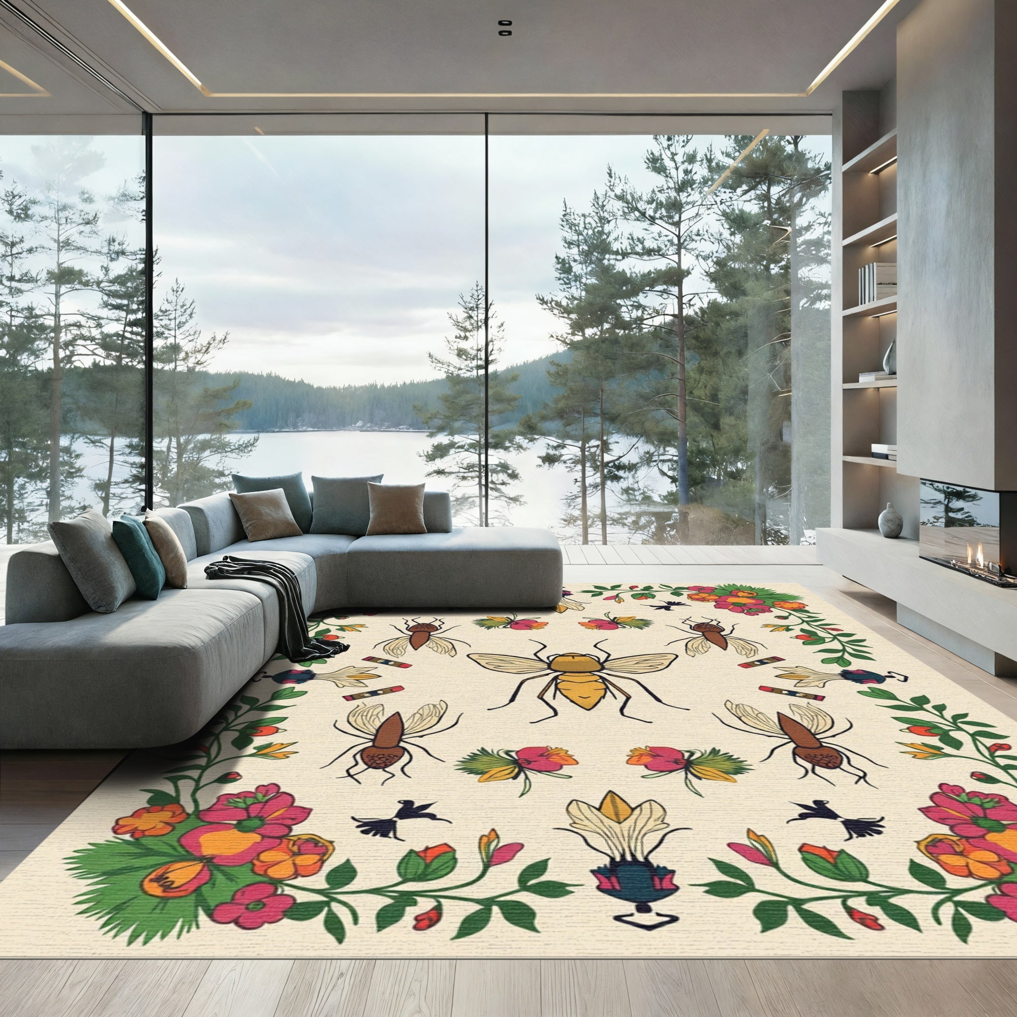 Vibrant Floral Insect Medallion Cream Rug