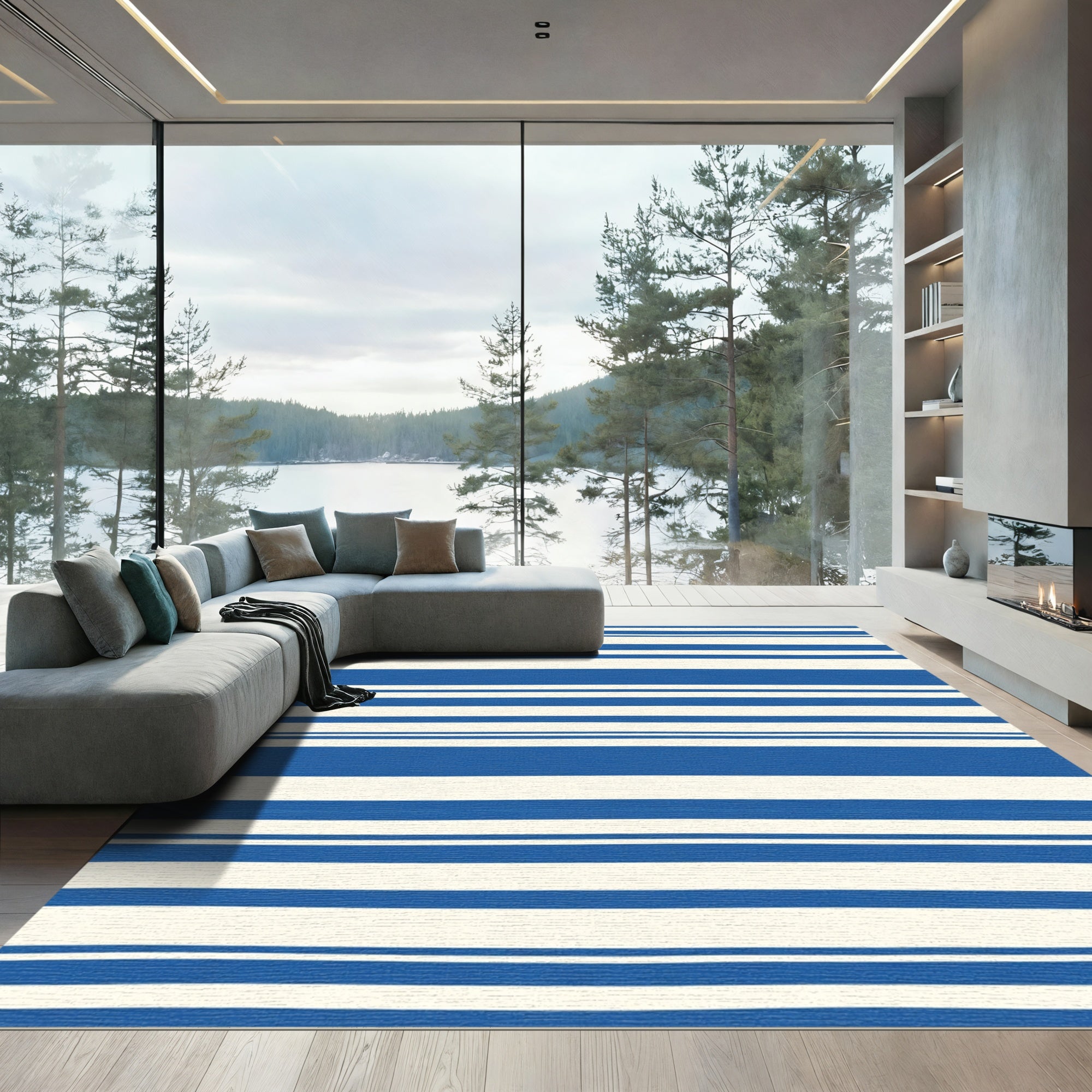 Bold Blue Cream Stripe Rug