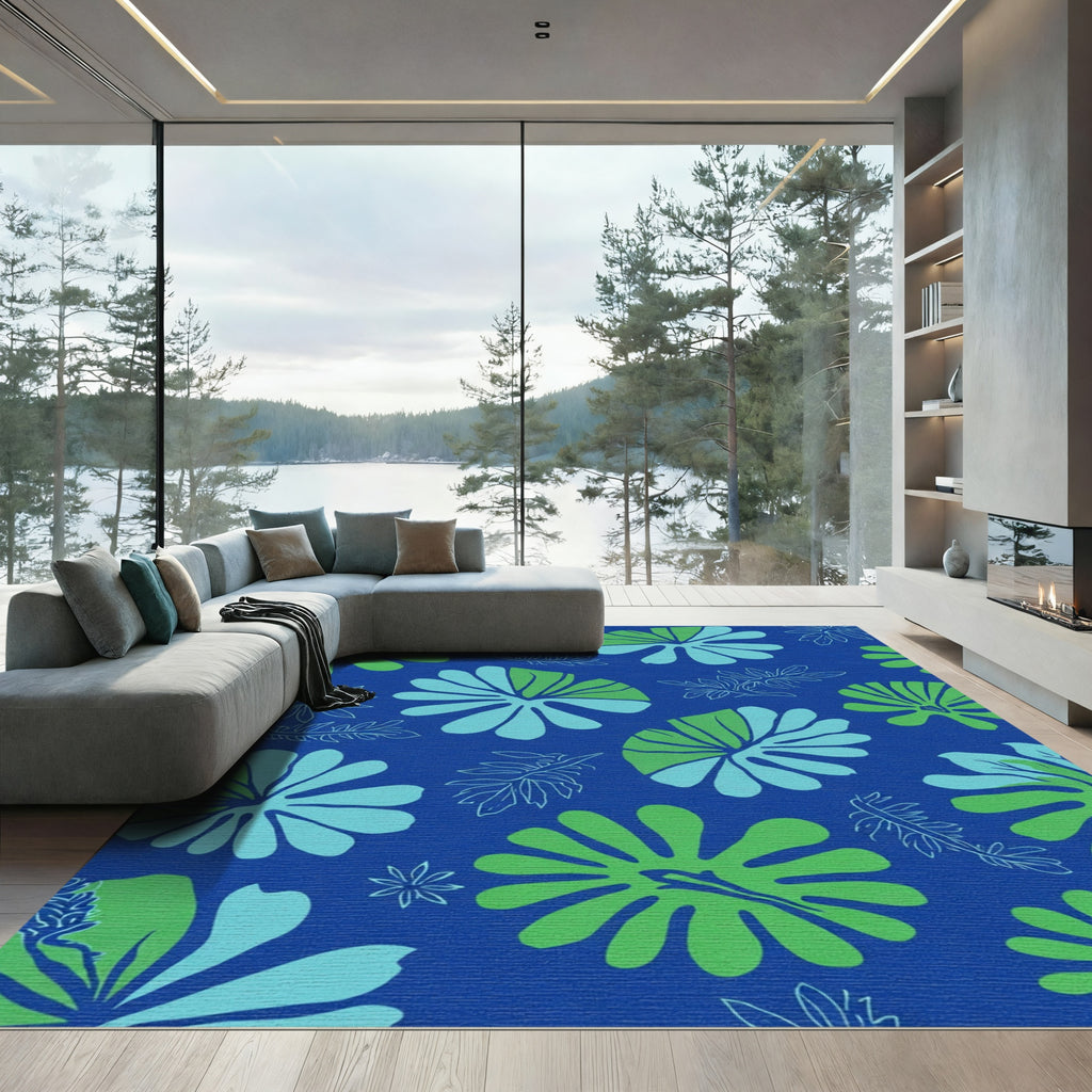 Tropical Blue Green Leaf Arrangement Rug