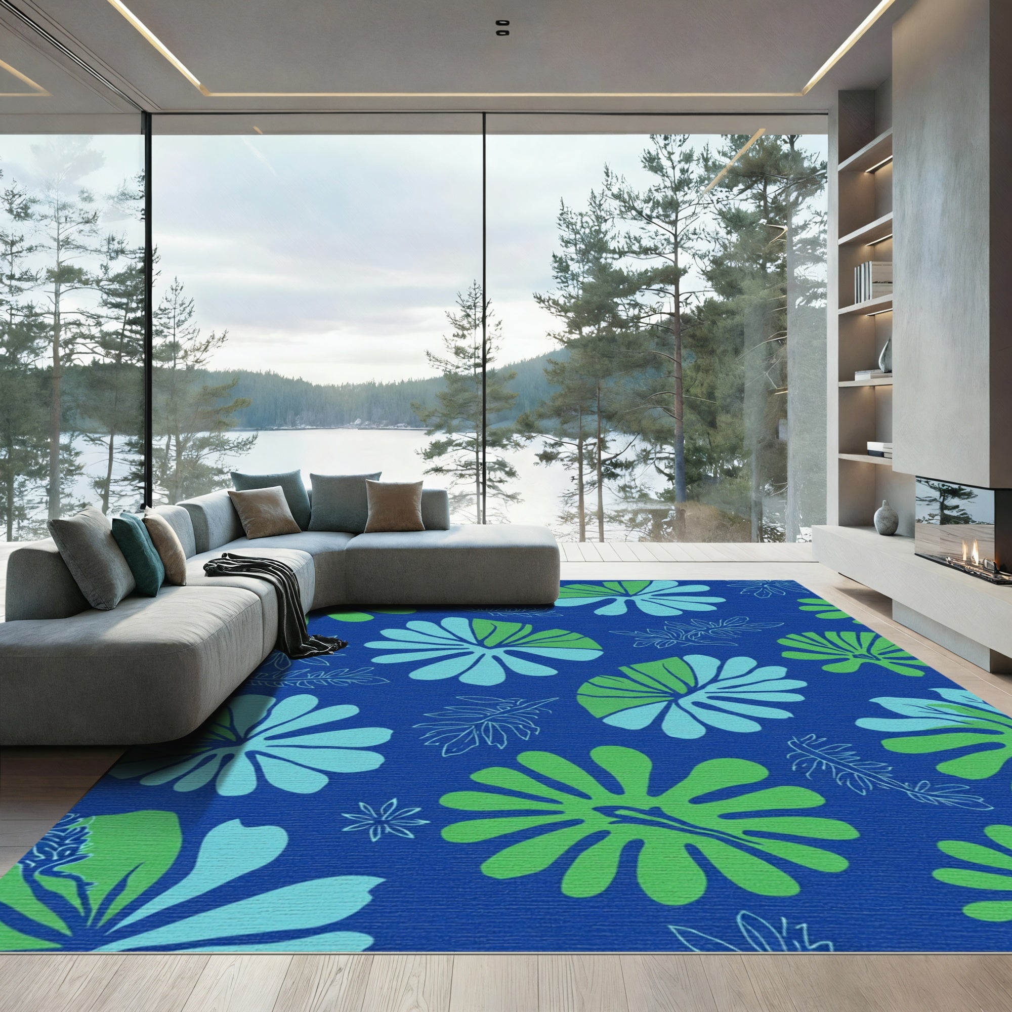 Tropical Blue Green Leaf Arrangement Rug