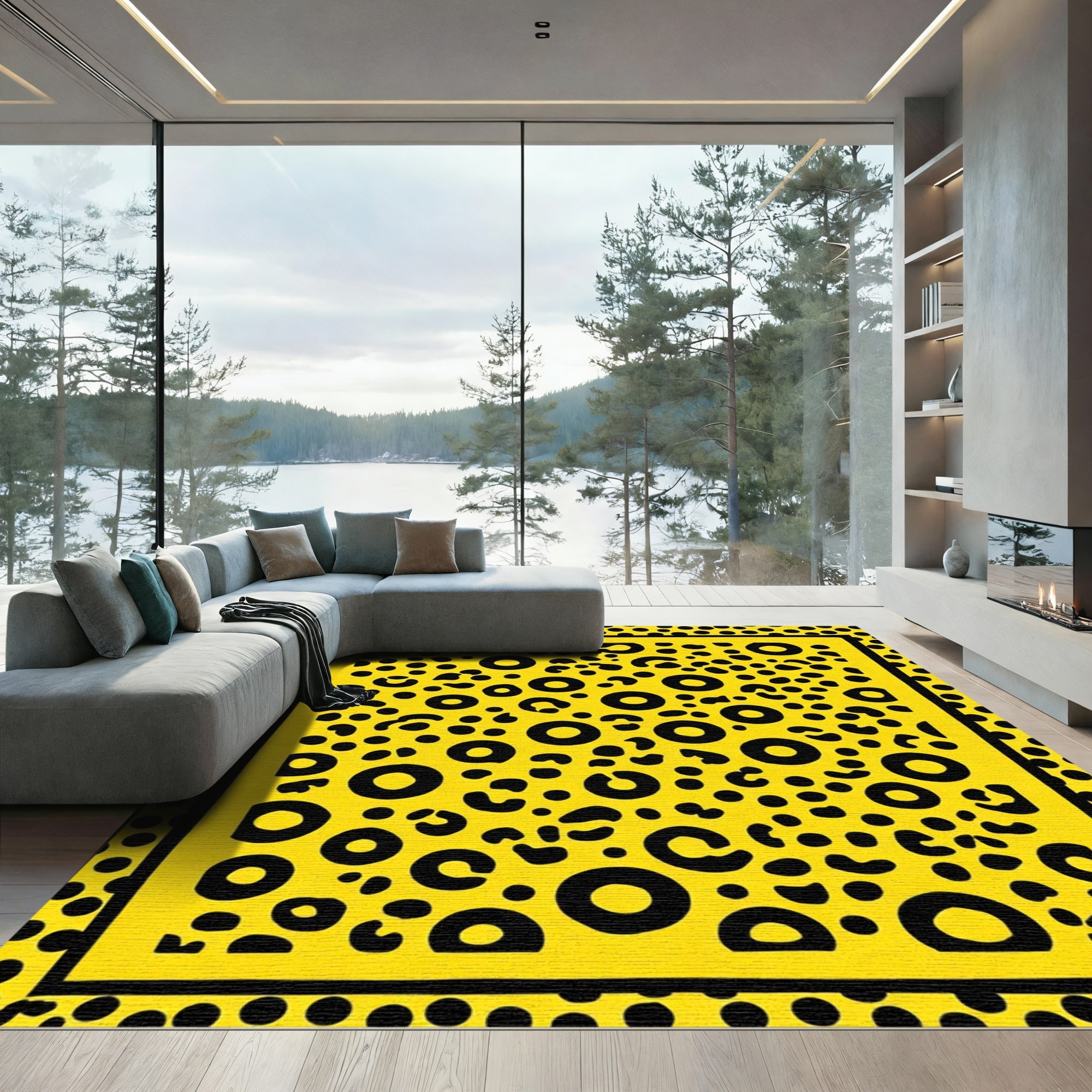 Vibrant Yellow Black Spotty Leopard Rug