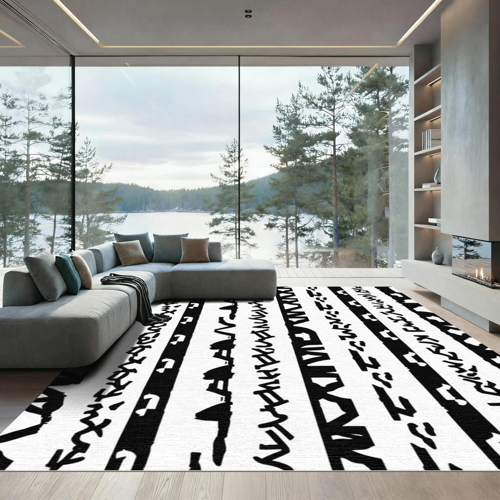 Bold Black Linear Brushstroke Stripe Rug