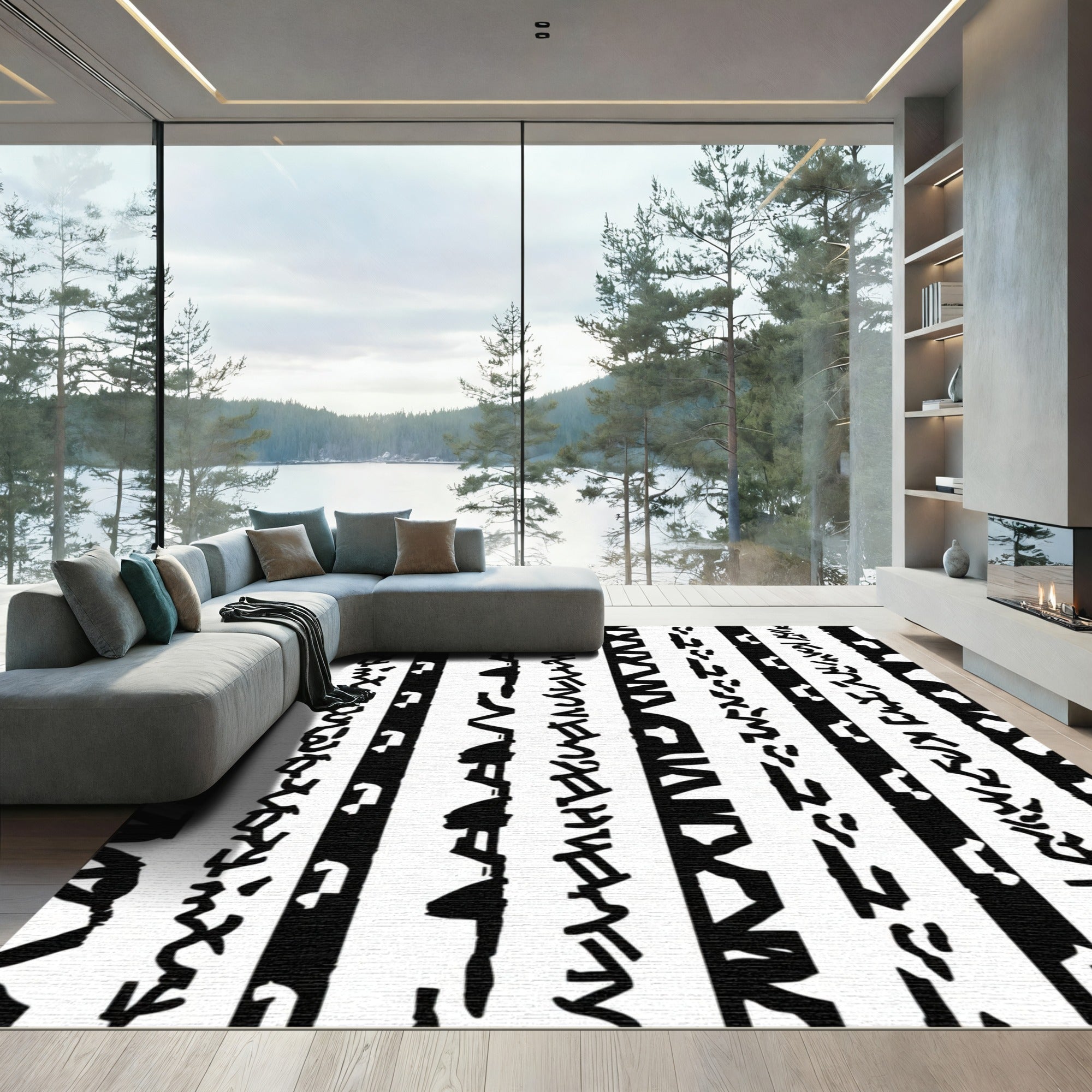 Bold Black Linear Brushstroke Stripe Rug