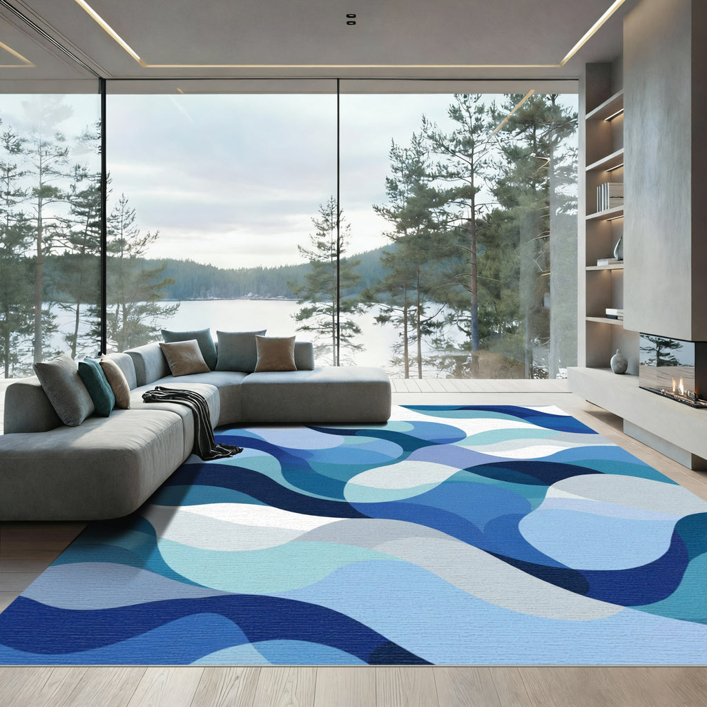 Deep Blue Wave Ripples Flowing Rug