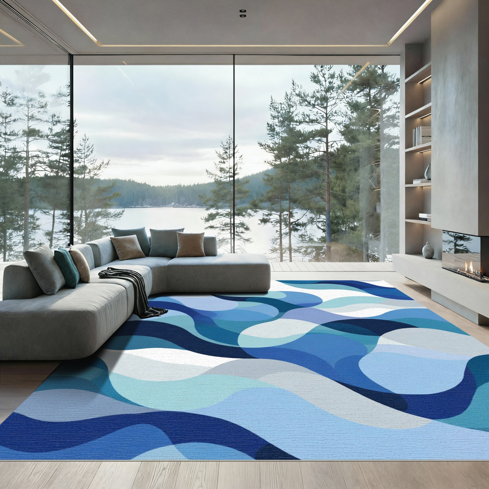 Deep Blue Wave Ripples Flowing Rug