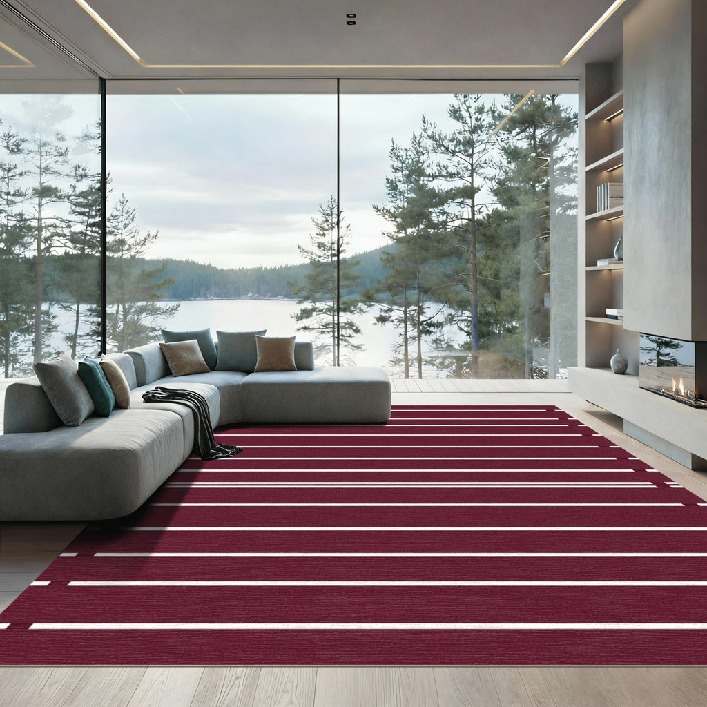 Deep Red White Striped Horizontal Rug