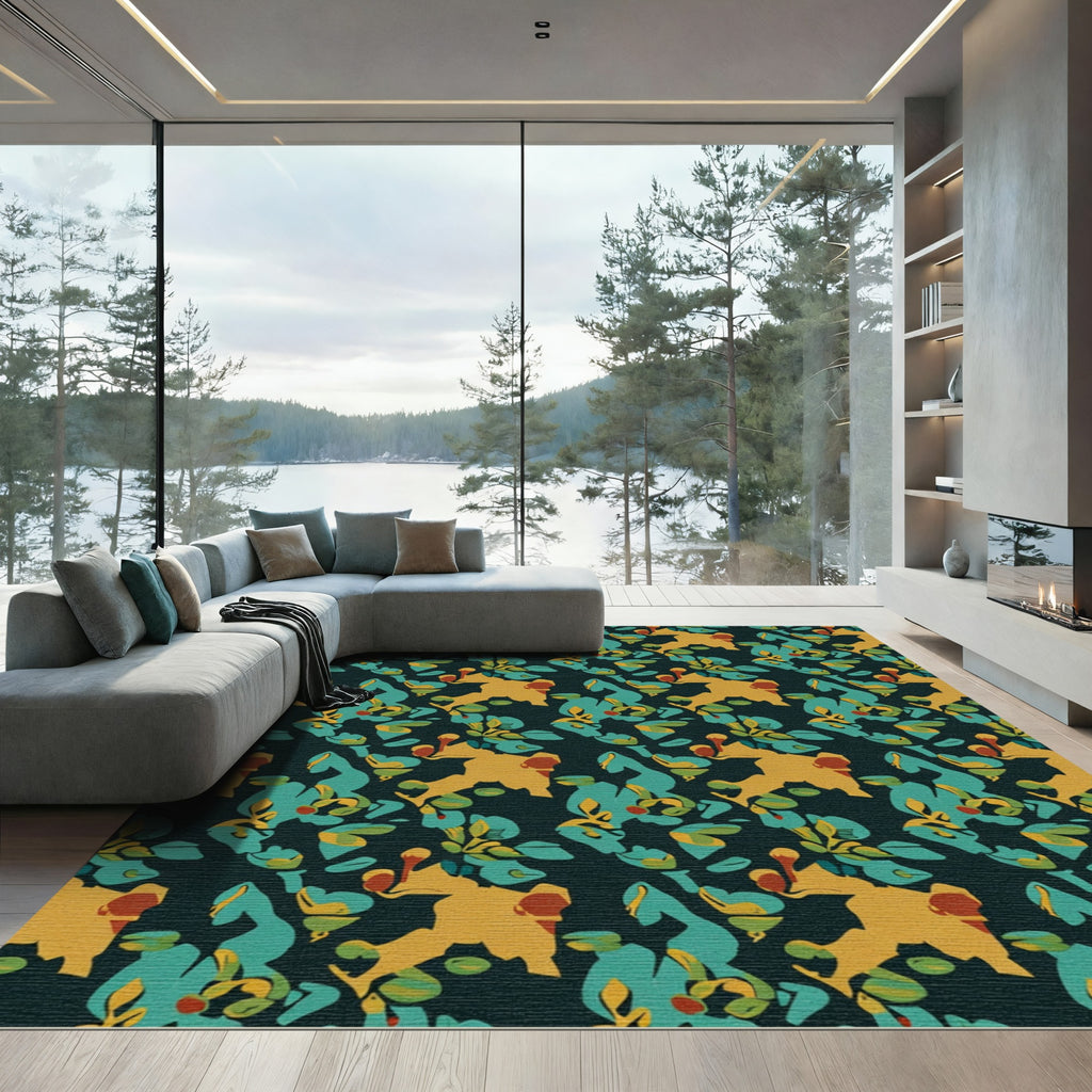 Deep Teal Ochre Abstract Floral Harmony Rug
