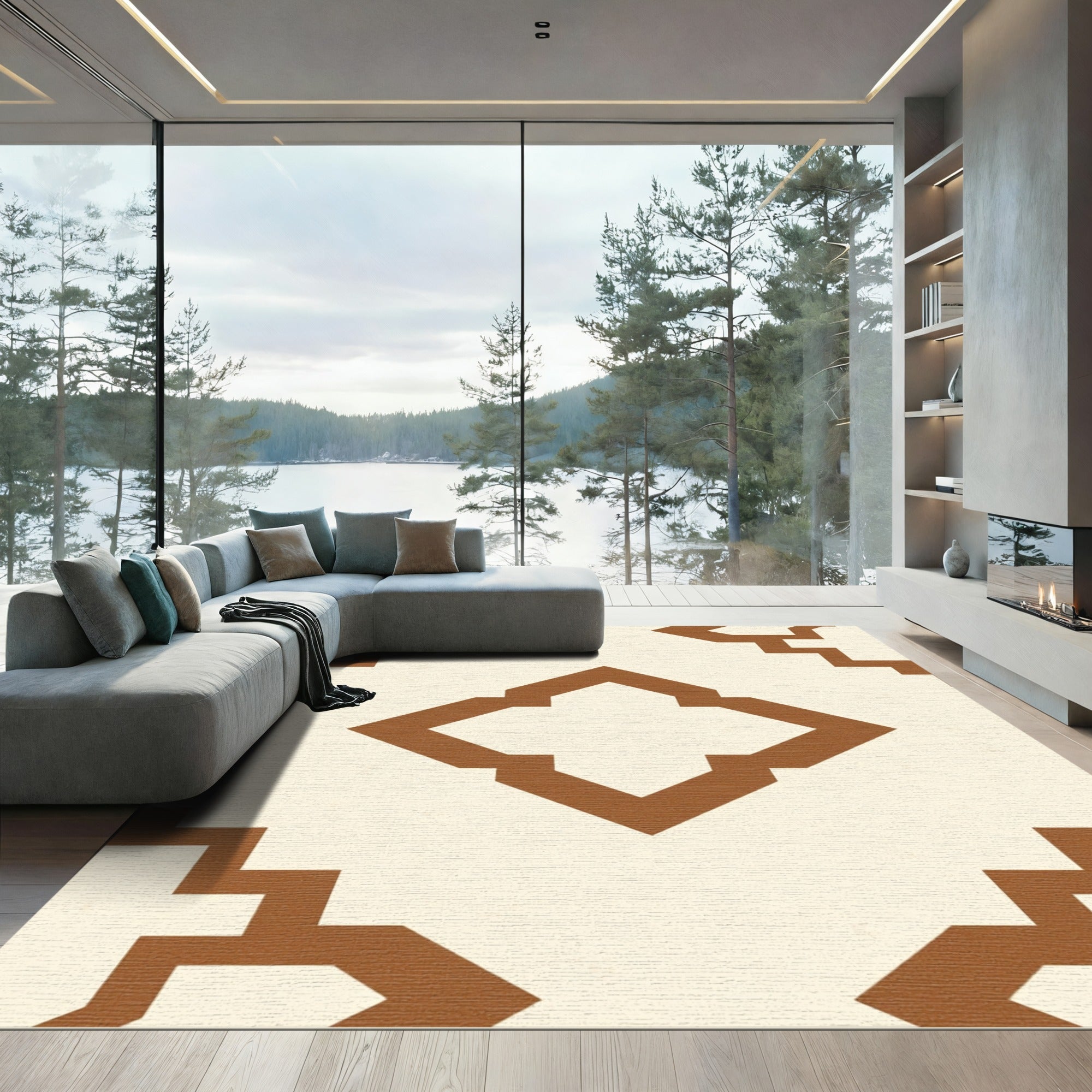 Cream Brown Geometric Diamond Shape Rug