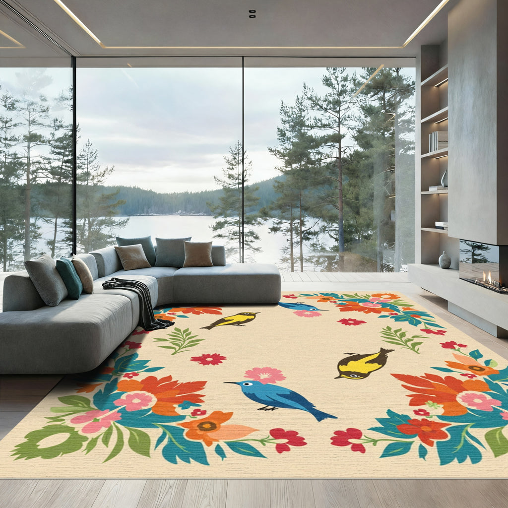 Whimsical Birds and Blooming Floral Garland Rug