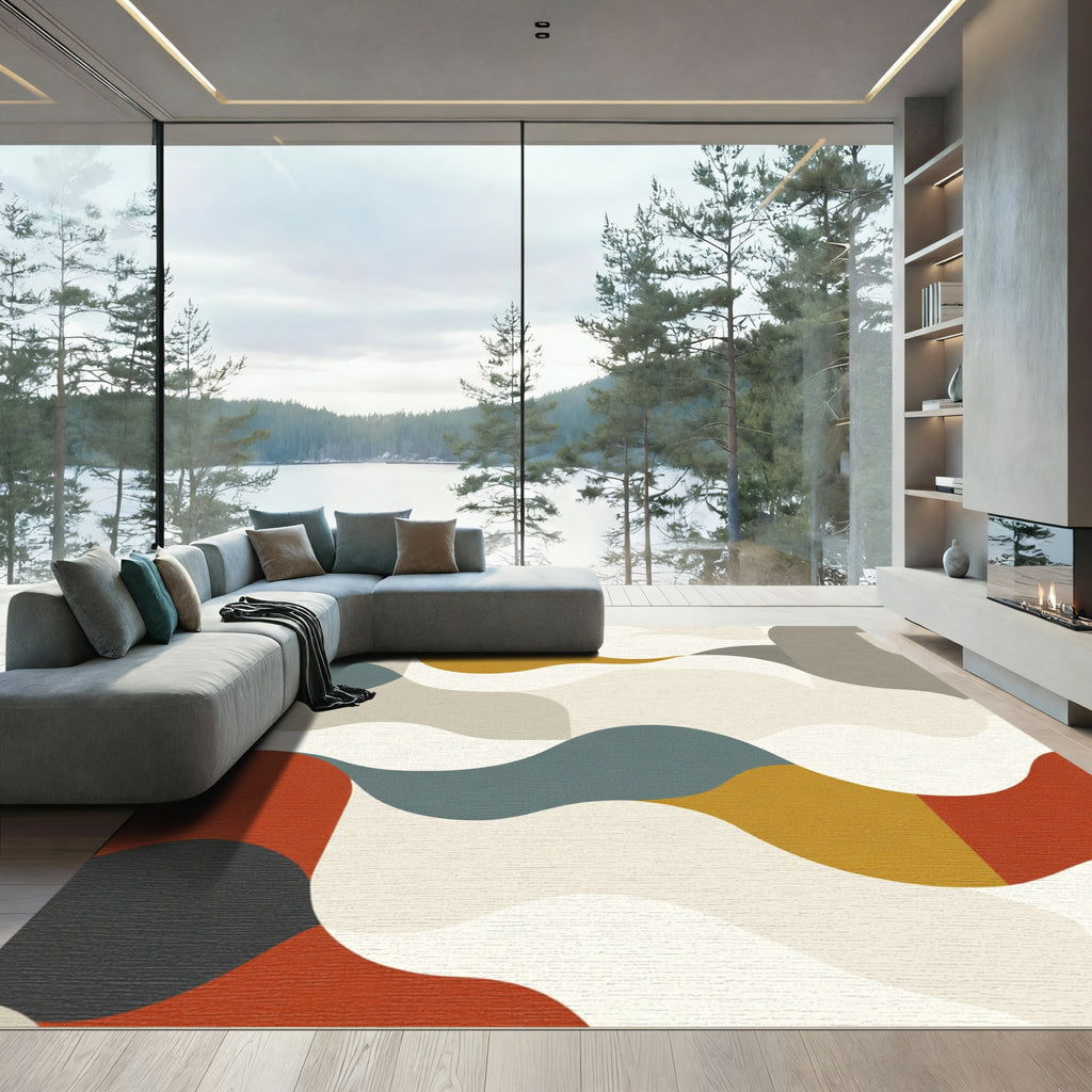 Abstract Mustard Teal Red Wave Rug