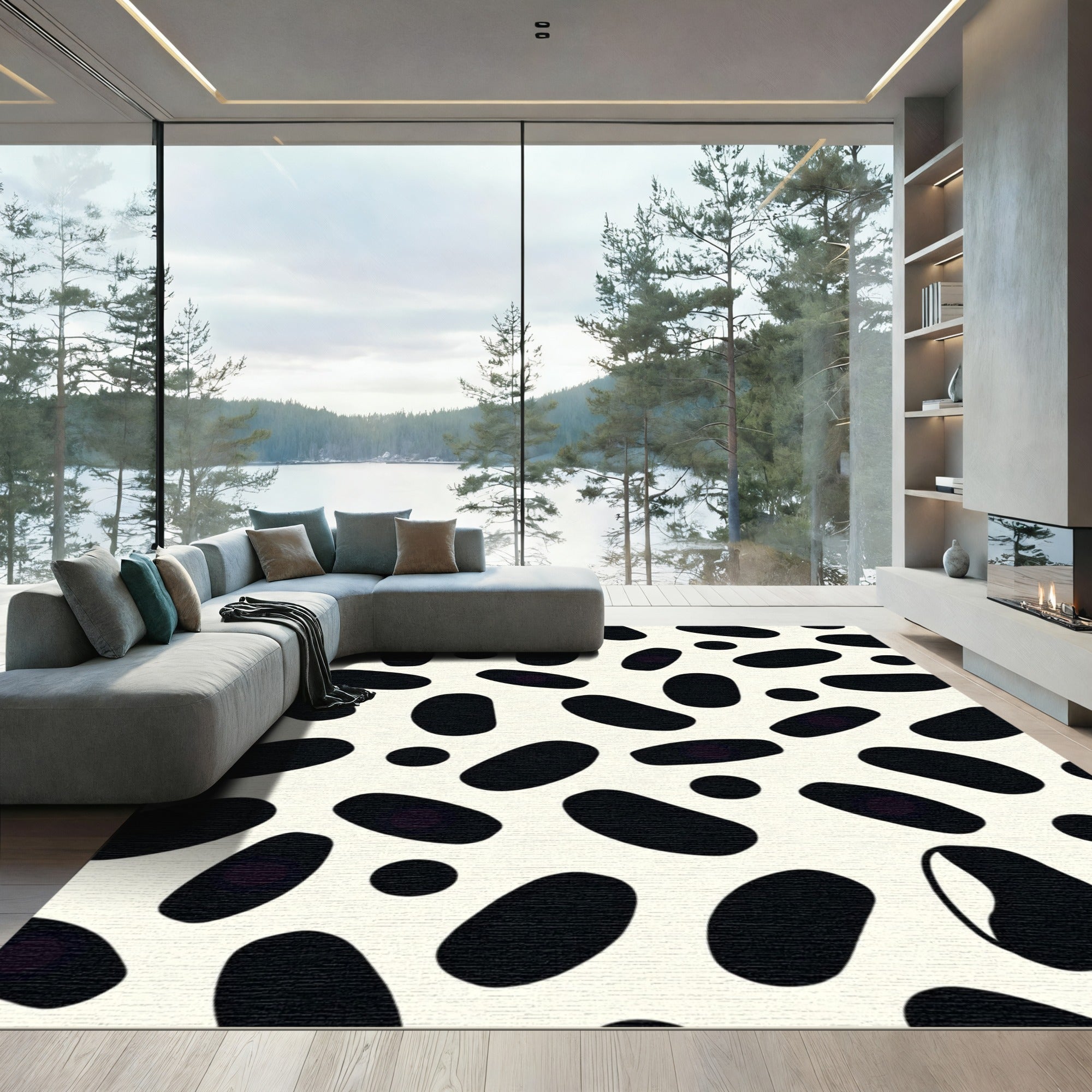 Abstract Black Speckled Cream Rug