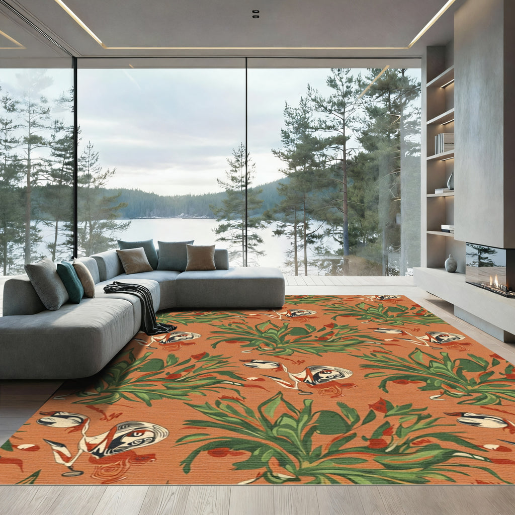 Ornate Orange Tropical Bird Floral Rug