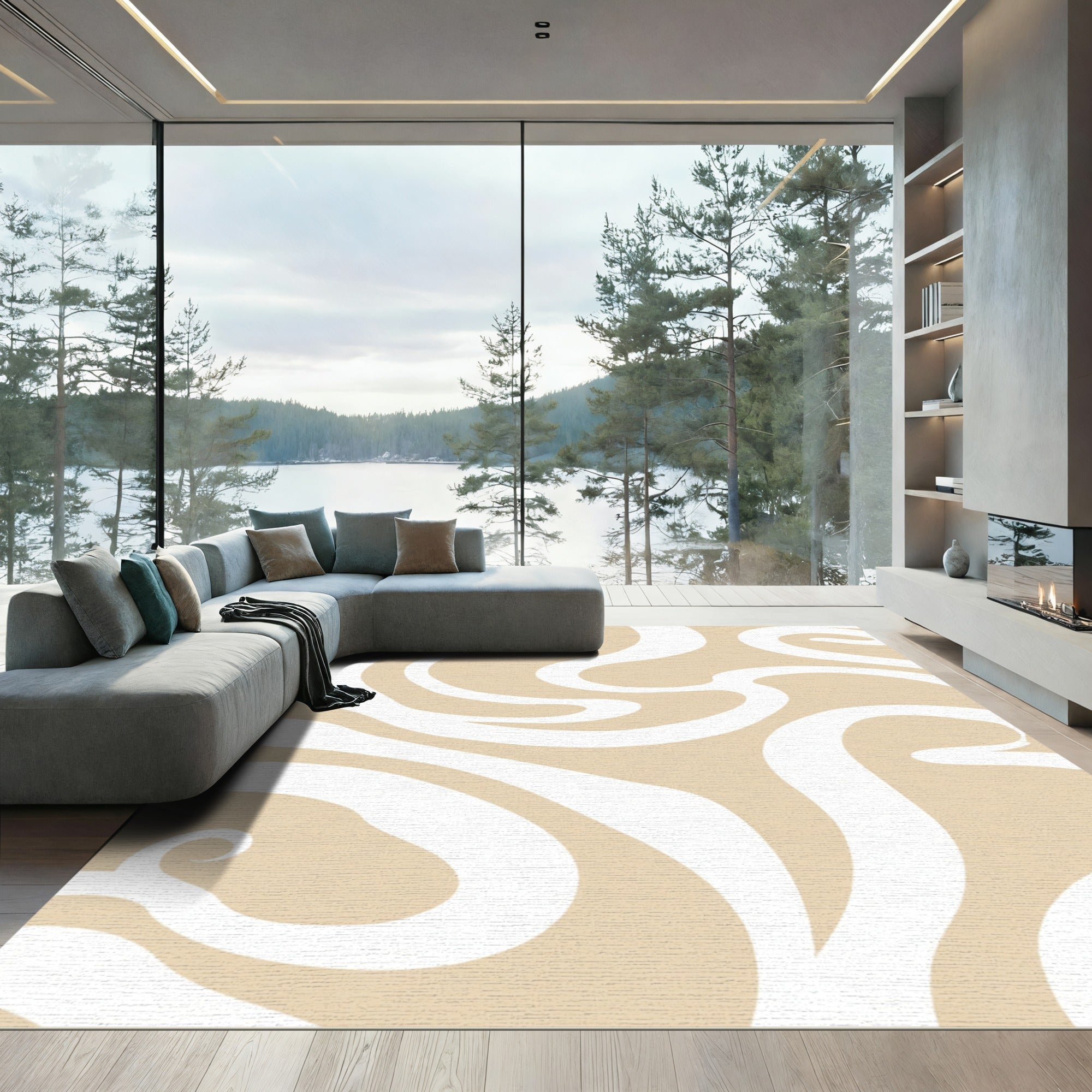 Cream Swirl Amorphous Curving Lines Rug