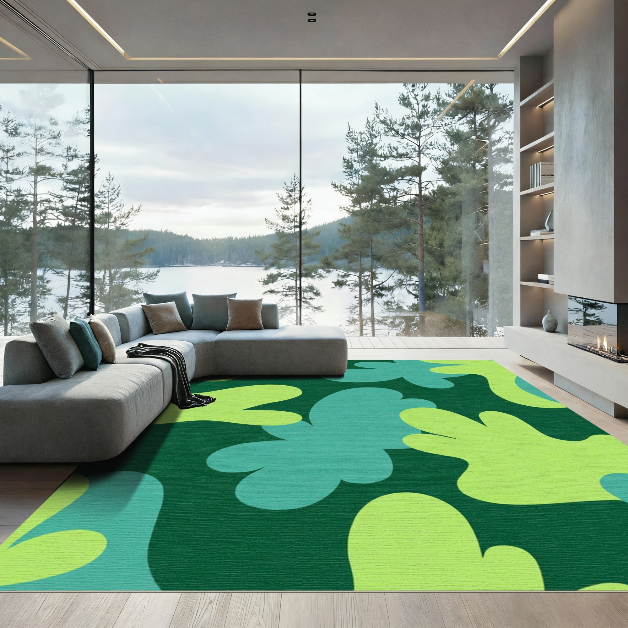 Green Teal Abstract Organic Bloom Rug