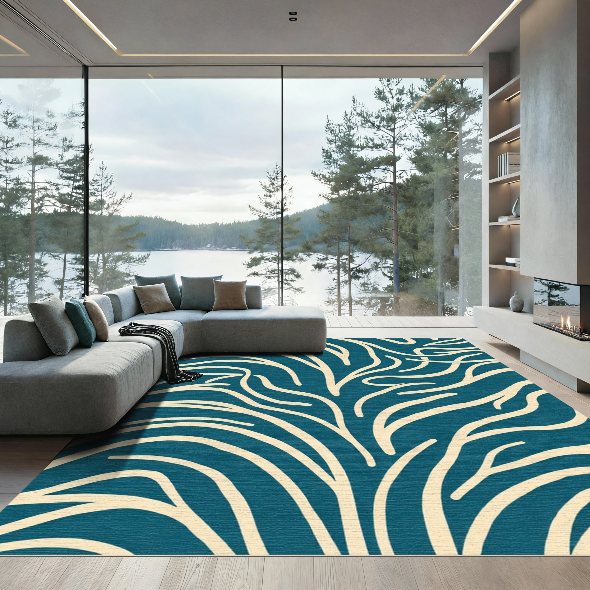Teal cream organic wave curves Rug
