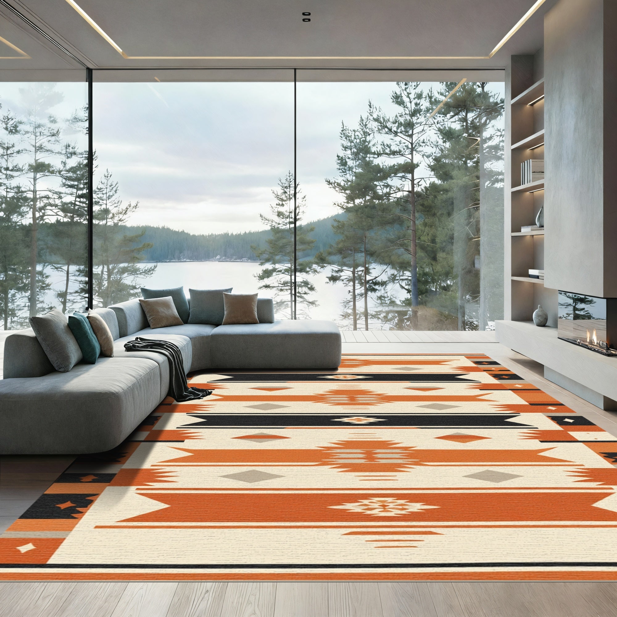 Tribal Orange Black Geometric Diamond Rug