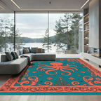 Coral Octopus Teal Coastal Frame Rug