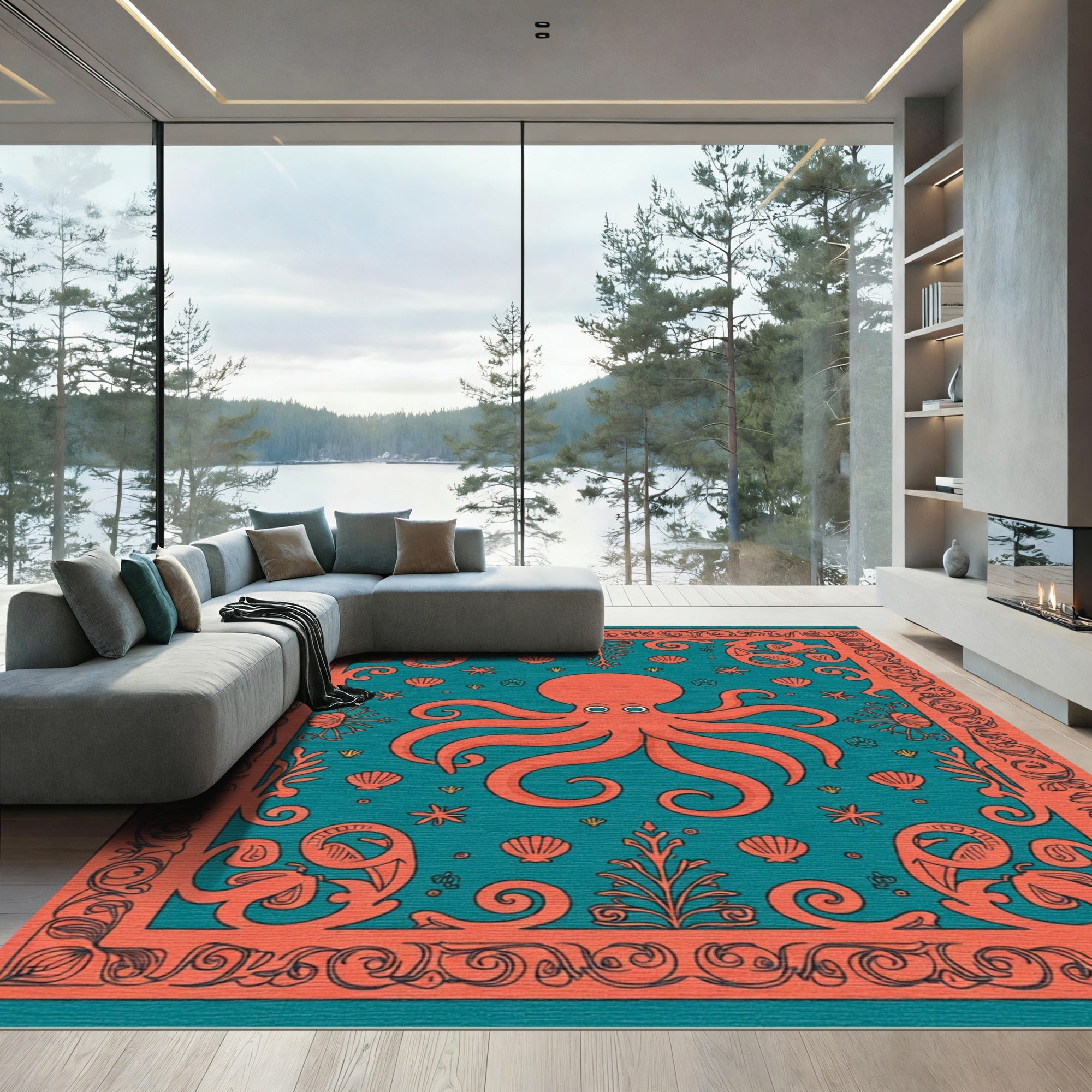 Coral Octopus Teal Coastal Frame Rug