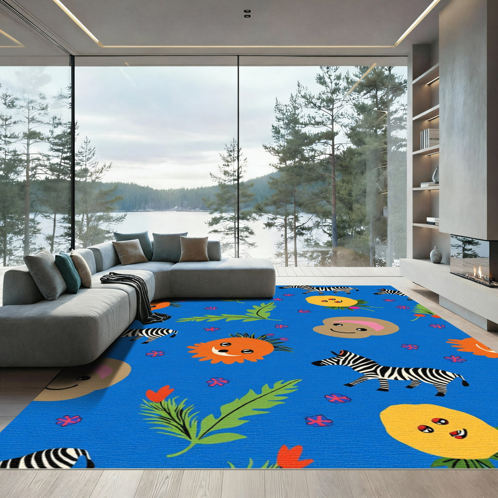 Whimsical Zebras and Sunflowers on Blue Rug