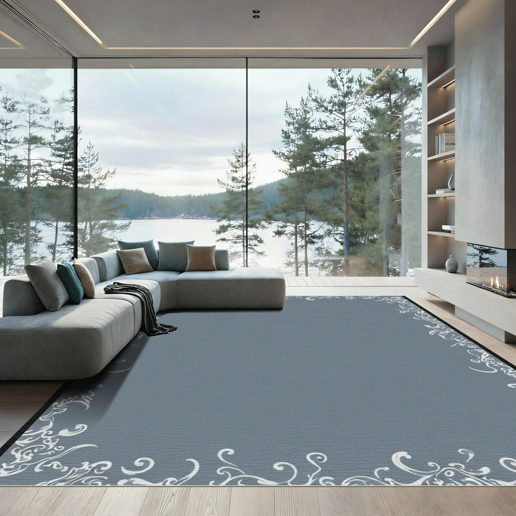 Ornate White Scrollwork Blue Border Rug