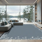 Ornate White Scrollwork Blue Border Rug