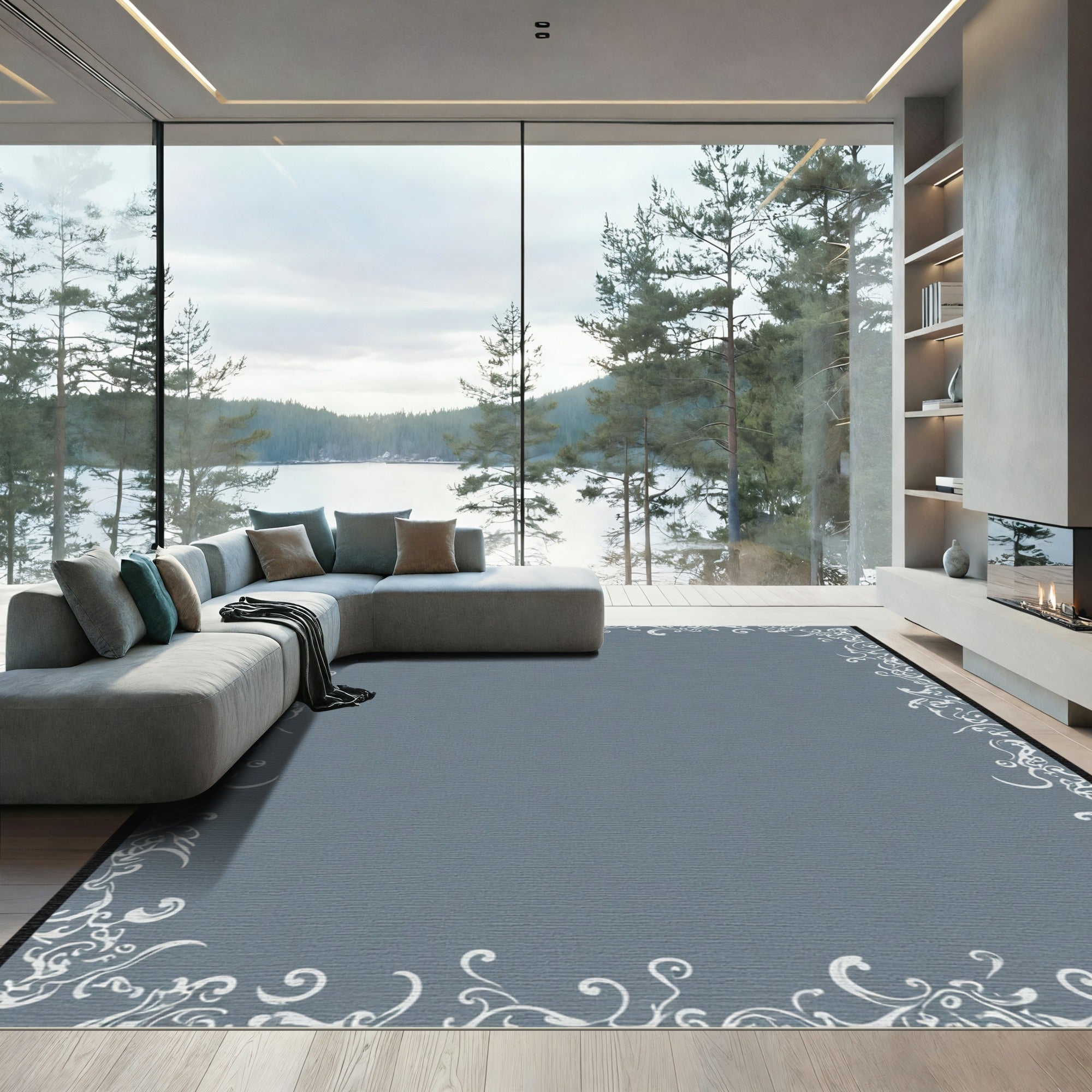 Ornate White Scrollwork Blue Border Rug