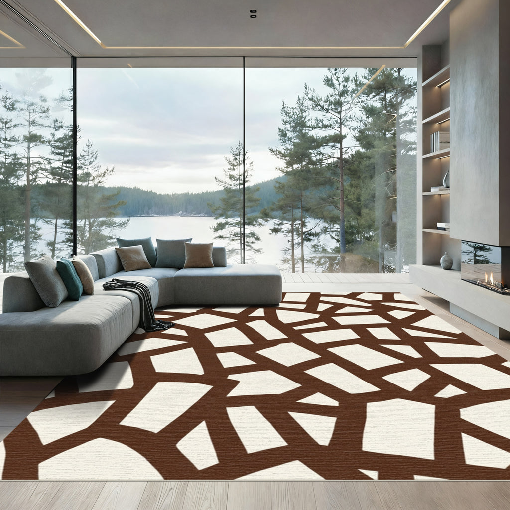 Abstract Brown Cracked Tile Layout Rug