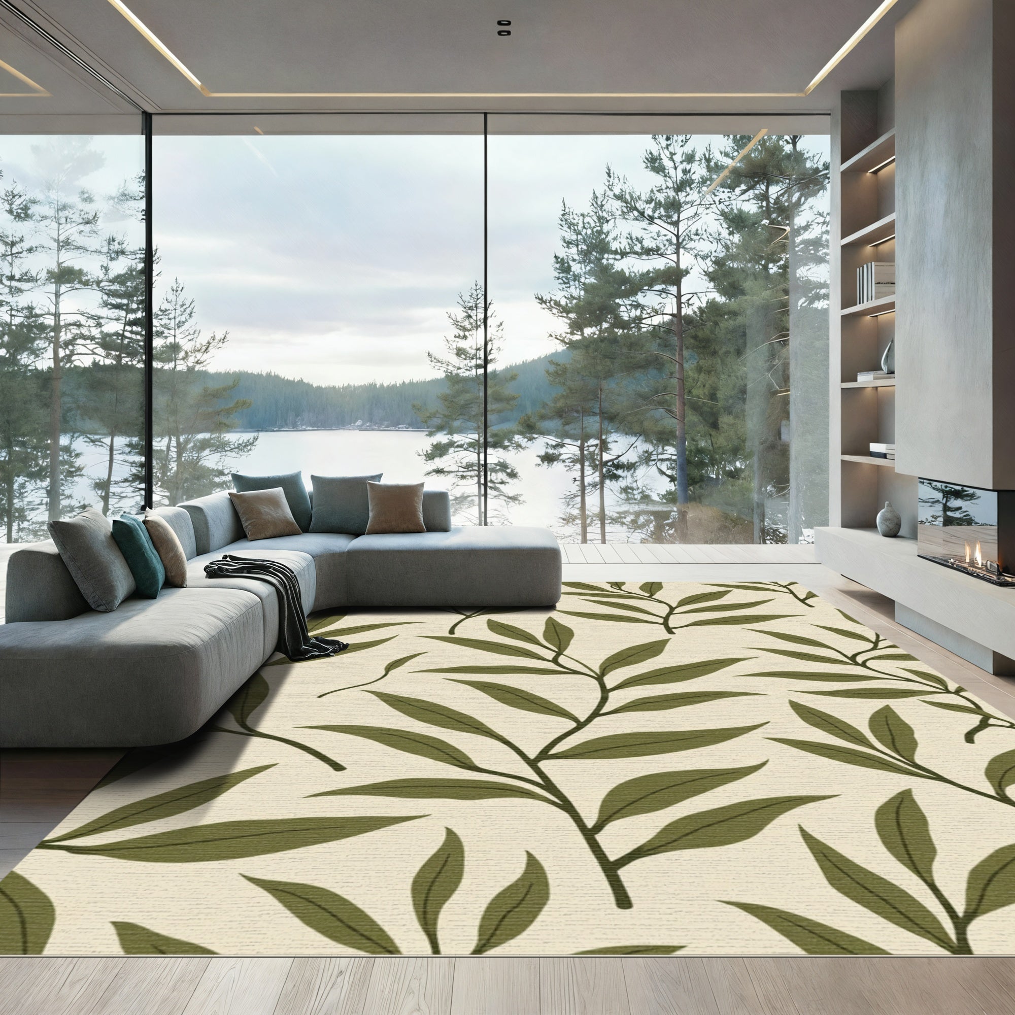 Cream Olive Branch Botanical Foliage Rug