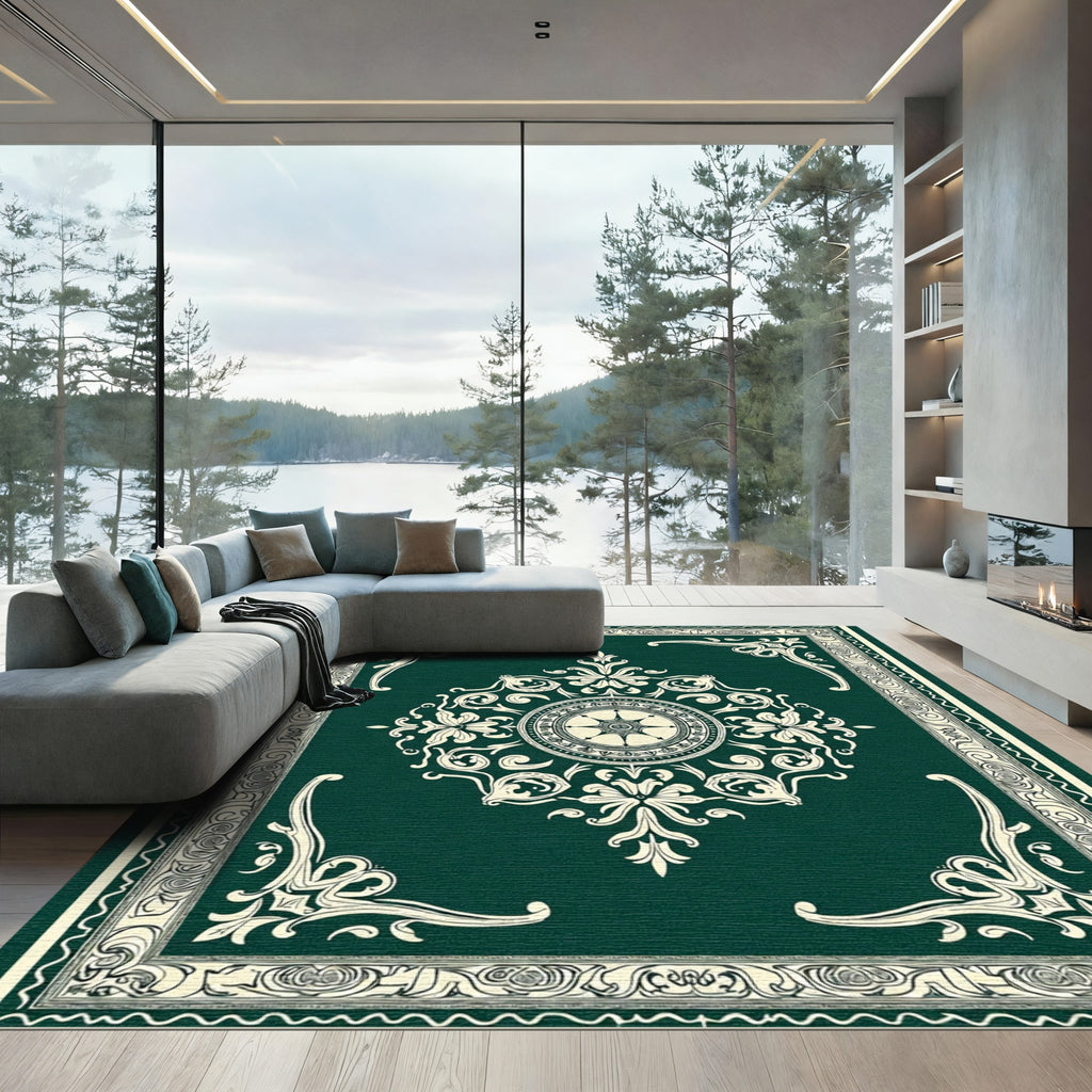 Deep Emerald Traditional Scroll Medallion Rug