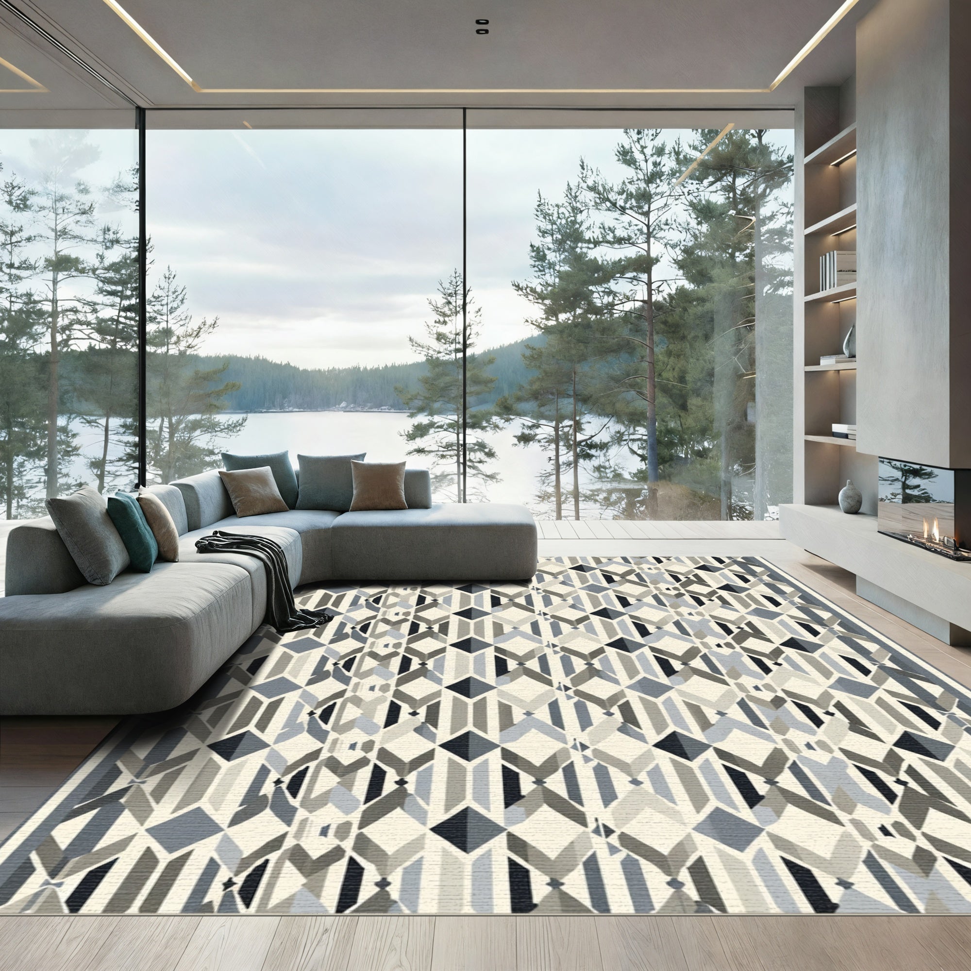 Geometric Diamond Inlay Slate Rug