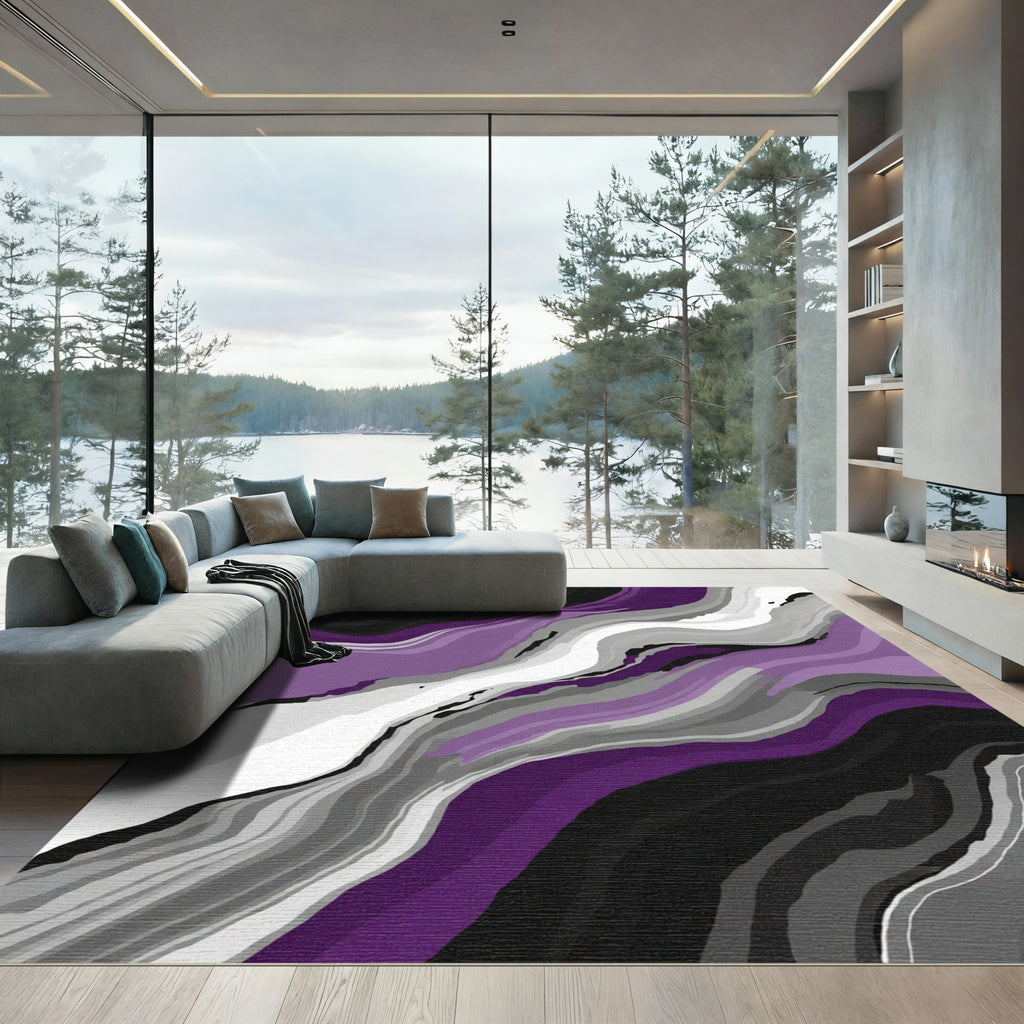 Purple Gray Black White Abstract Swirl Rug