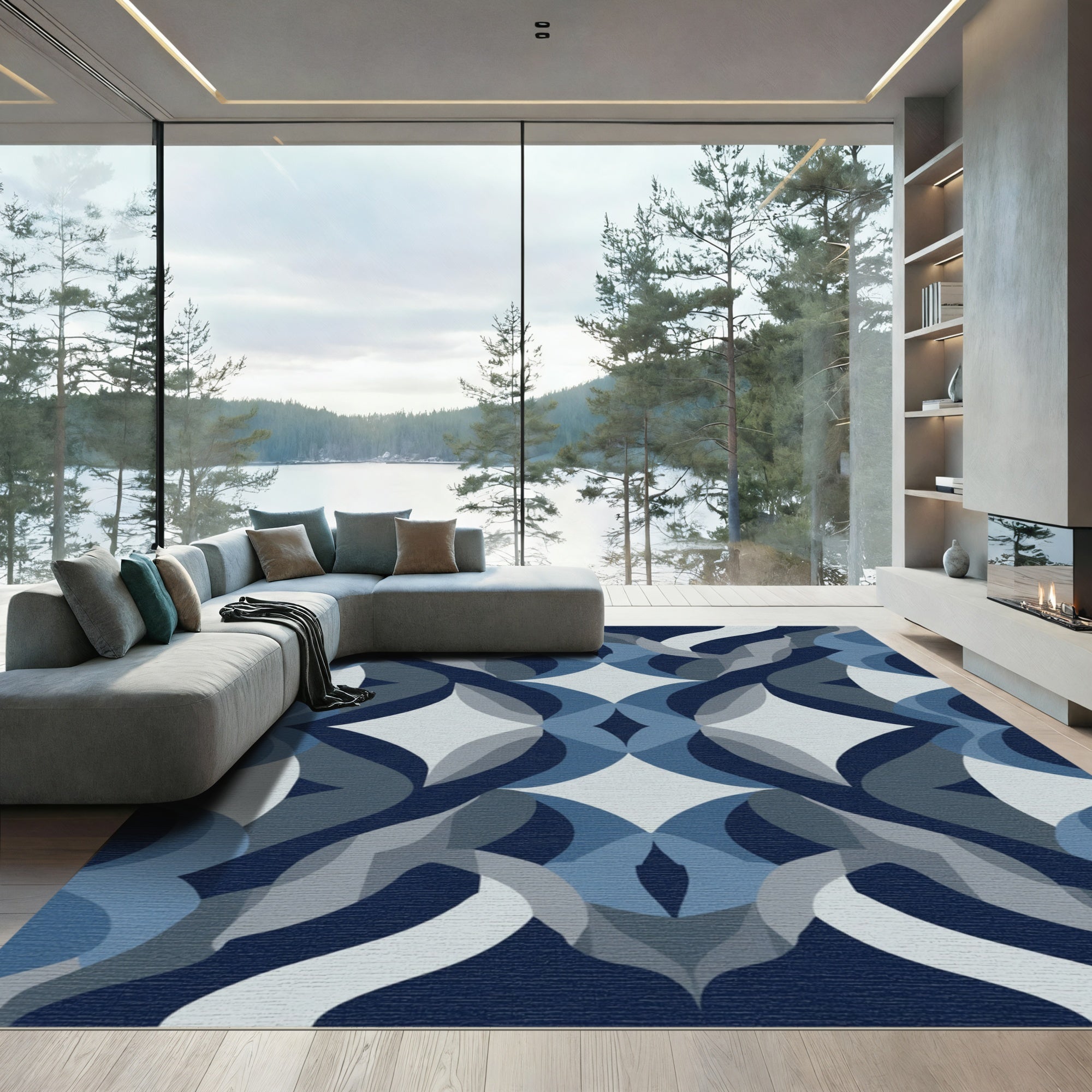 Deep Blue Geometric Quatrefoil Rug
